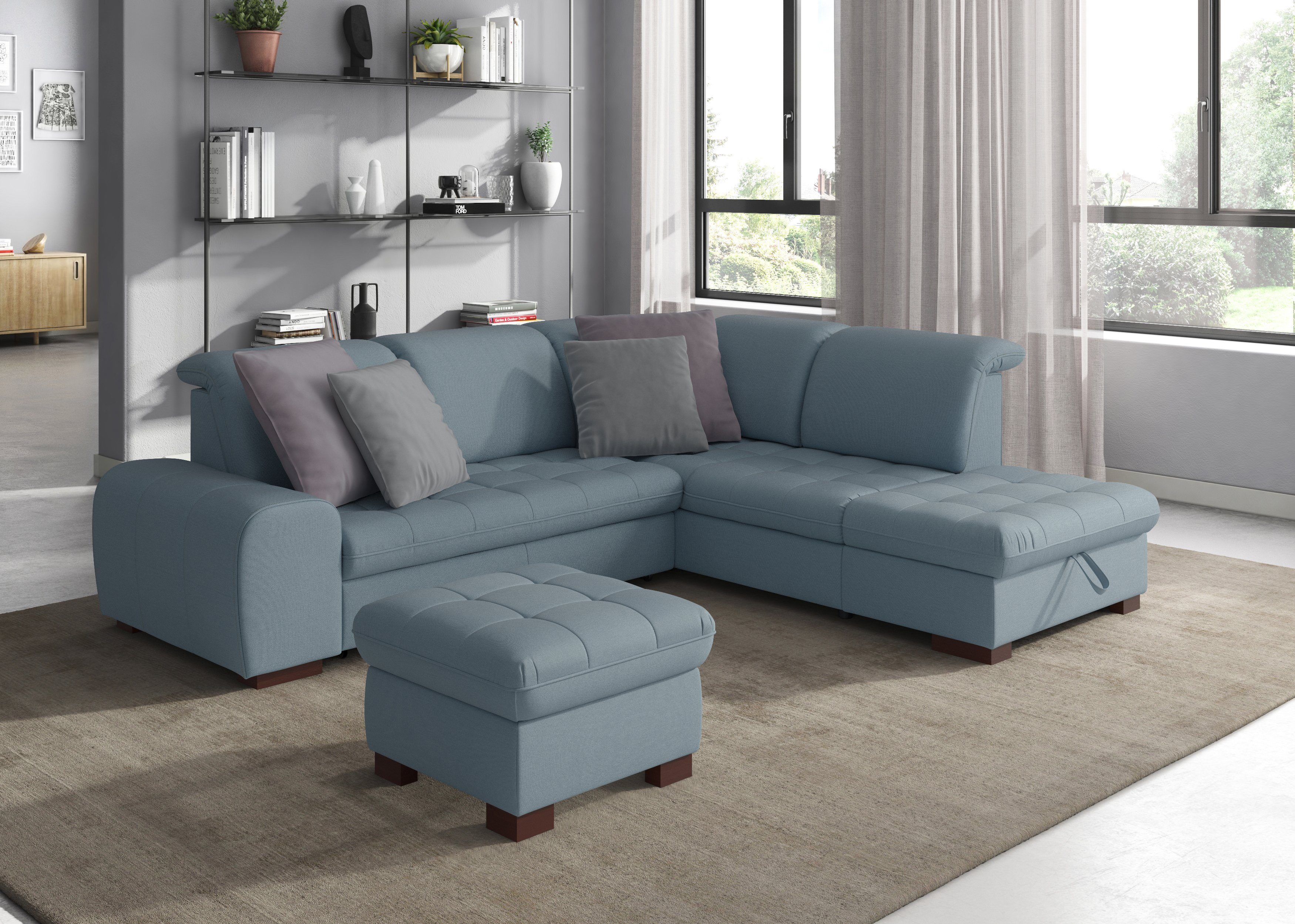 sit&more Hoekbank Luxor L-vorm naar keuze met slaapfunctie, bergruimte en verstelbare hoofdsteun blauw, hoekbanken, Ottomane rechts, Zonder