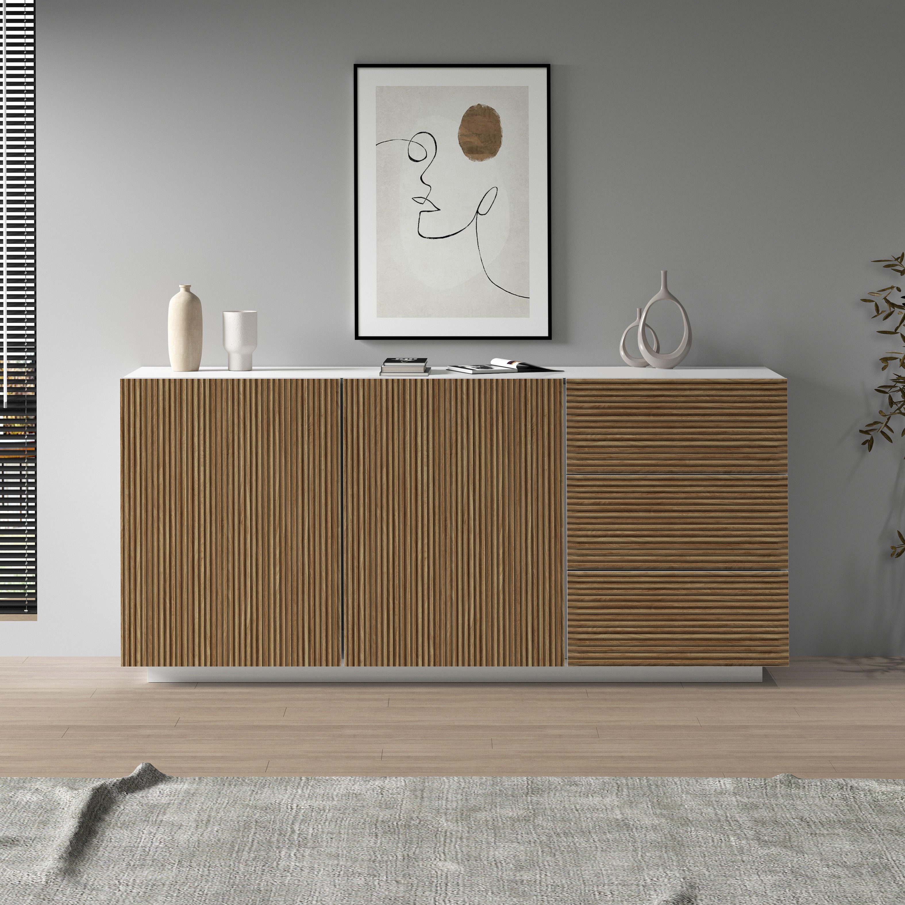 INOSIGN Dressoir Vega Sideboard, Ladekast, 180 cm met 2 deuren en 3 lades, fronten met groeflook