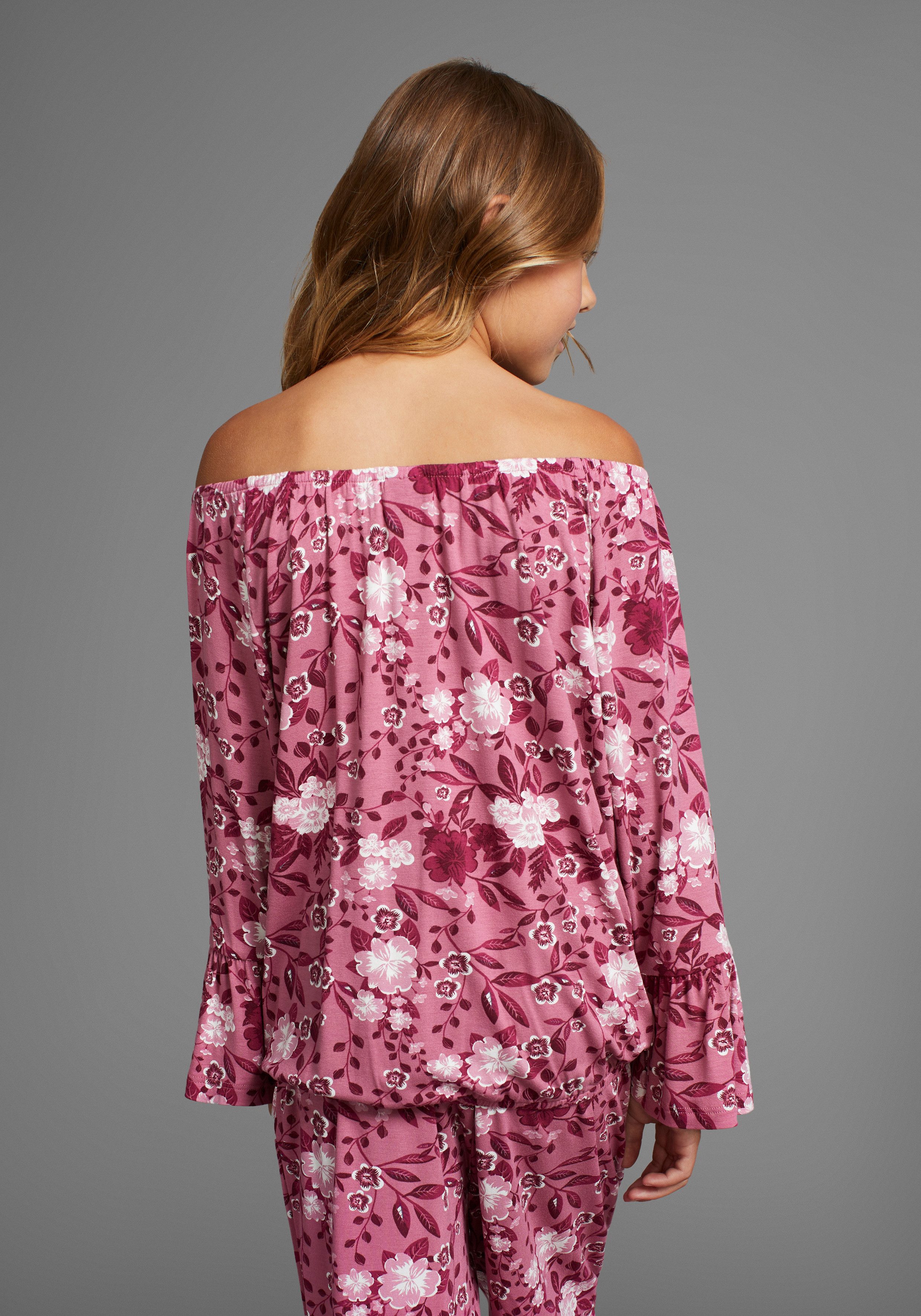 KIDSWORLD Shirt met carmenhals Shirt van viscose wijde pasvorm, met bloemenpatroon en print, carmenhals