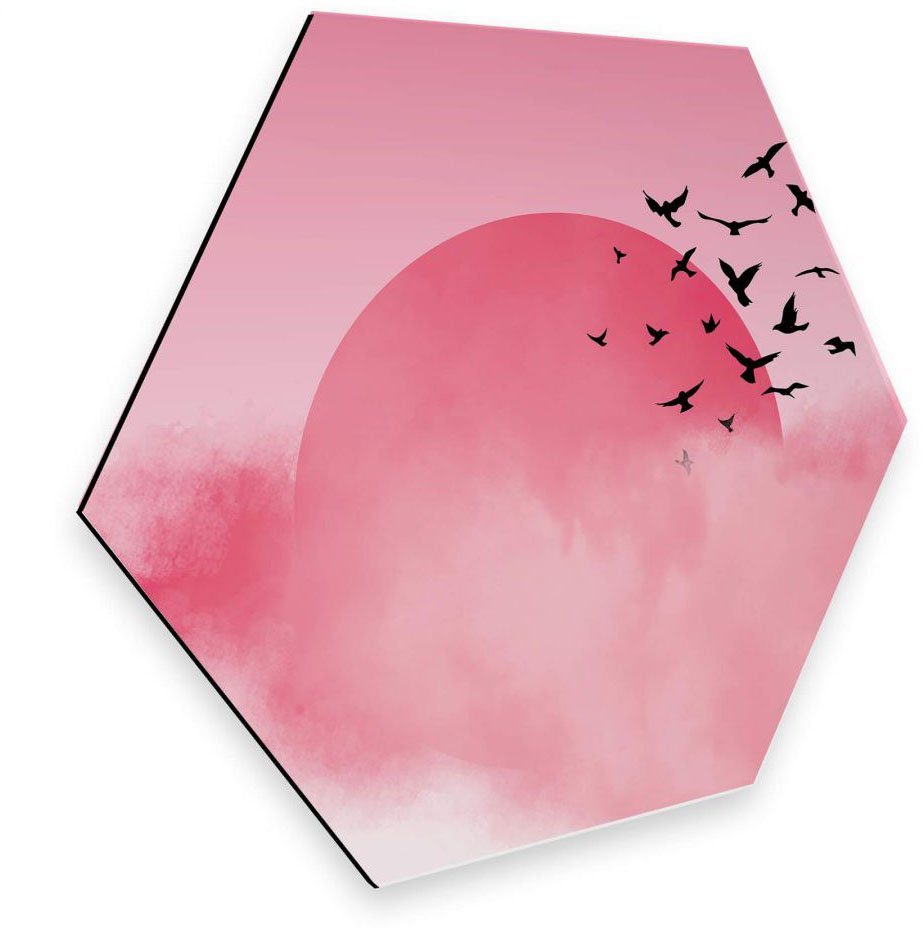 Wall-Art Metalen artprint Vogel zonsondergang pink (1 stuk)