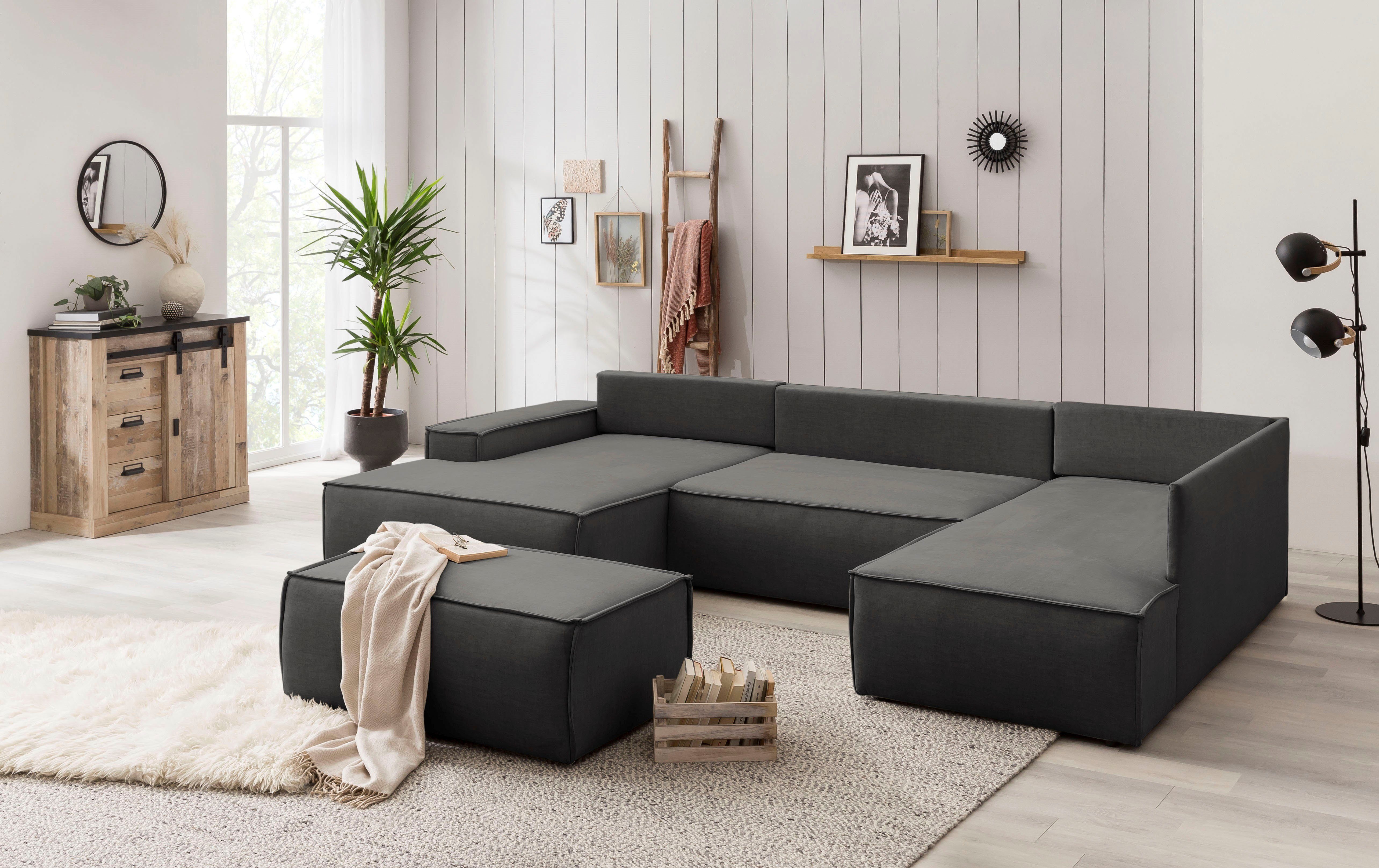 Home affaire Zithoek SHERWOOD 329 cm, U-vorm, slaapbank, Slaapfunctie met bedkist (194x139 cm), cord, vintage, fluweel