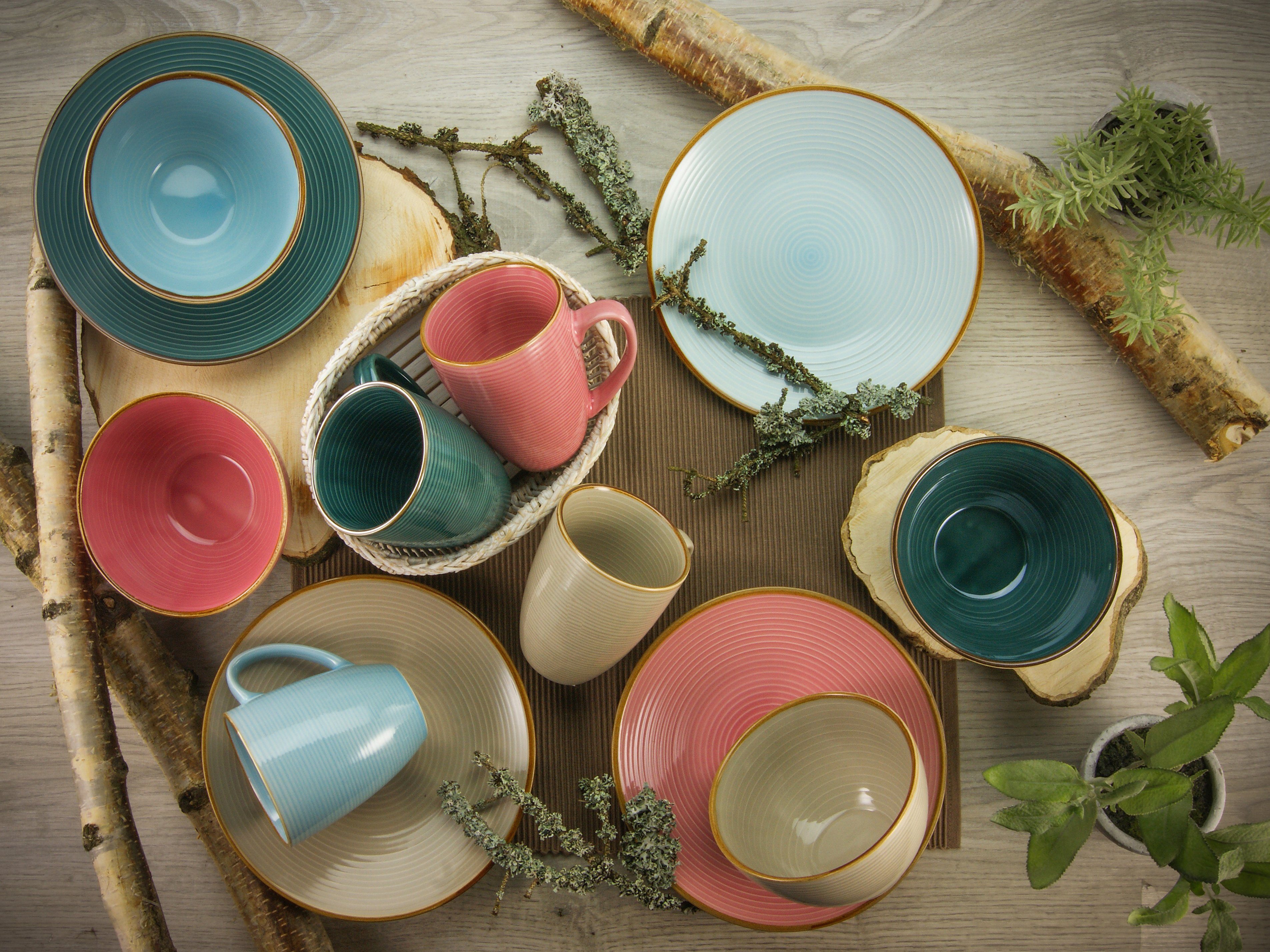 CreaTable Combi-servies Servies-set Cosy Day Servies, cirkelstructuur, in pastelkleuren, 16 delen, voor 4 personen (set, 16-delig)