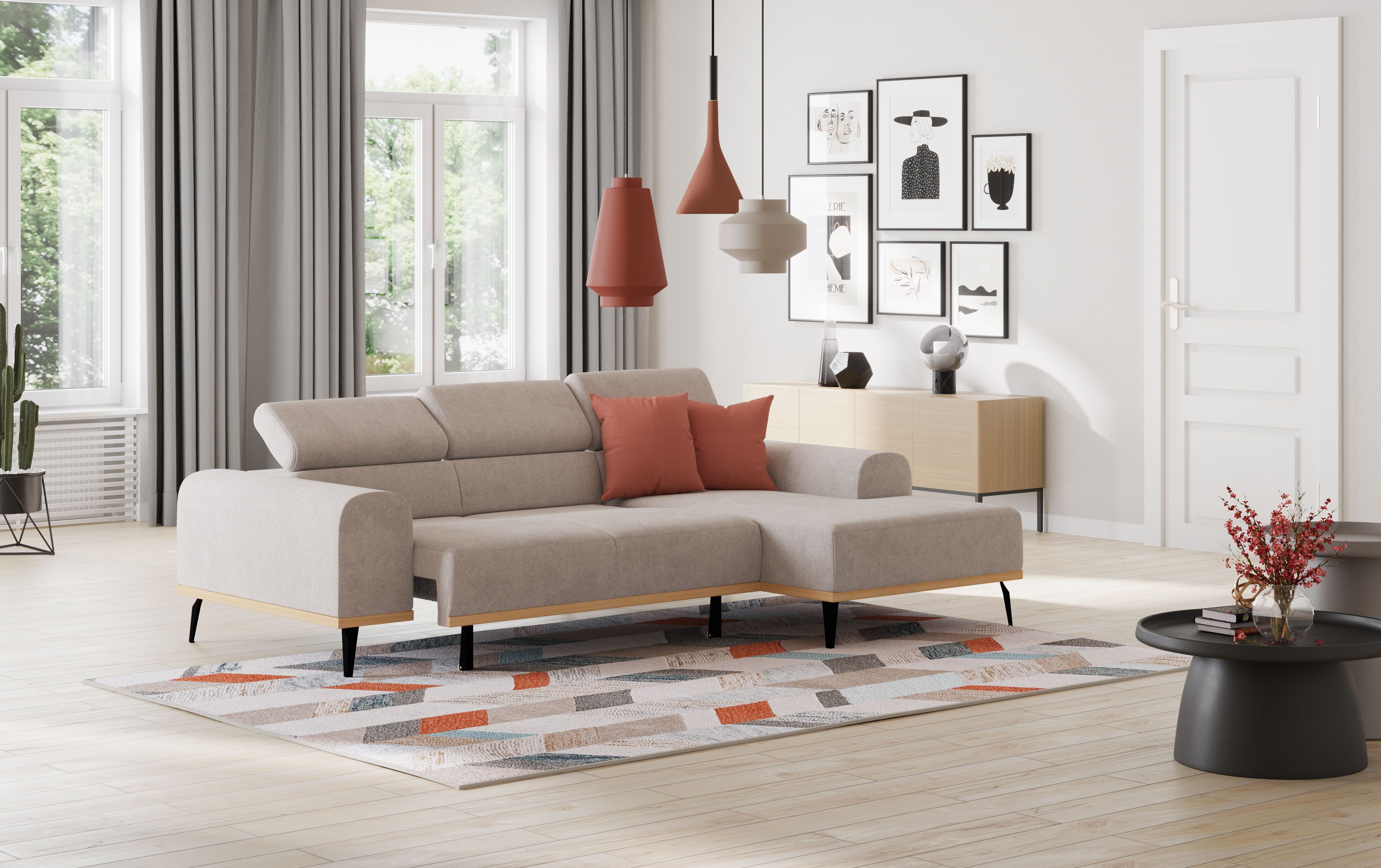 Places of Style Hoekbank Carlo L-vorm met hoofdeinde-verstelling & houten frame-look, optionele relaxfunctie