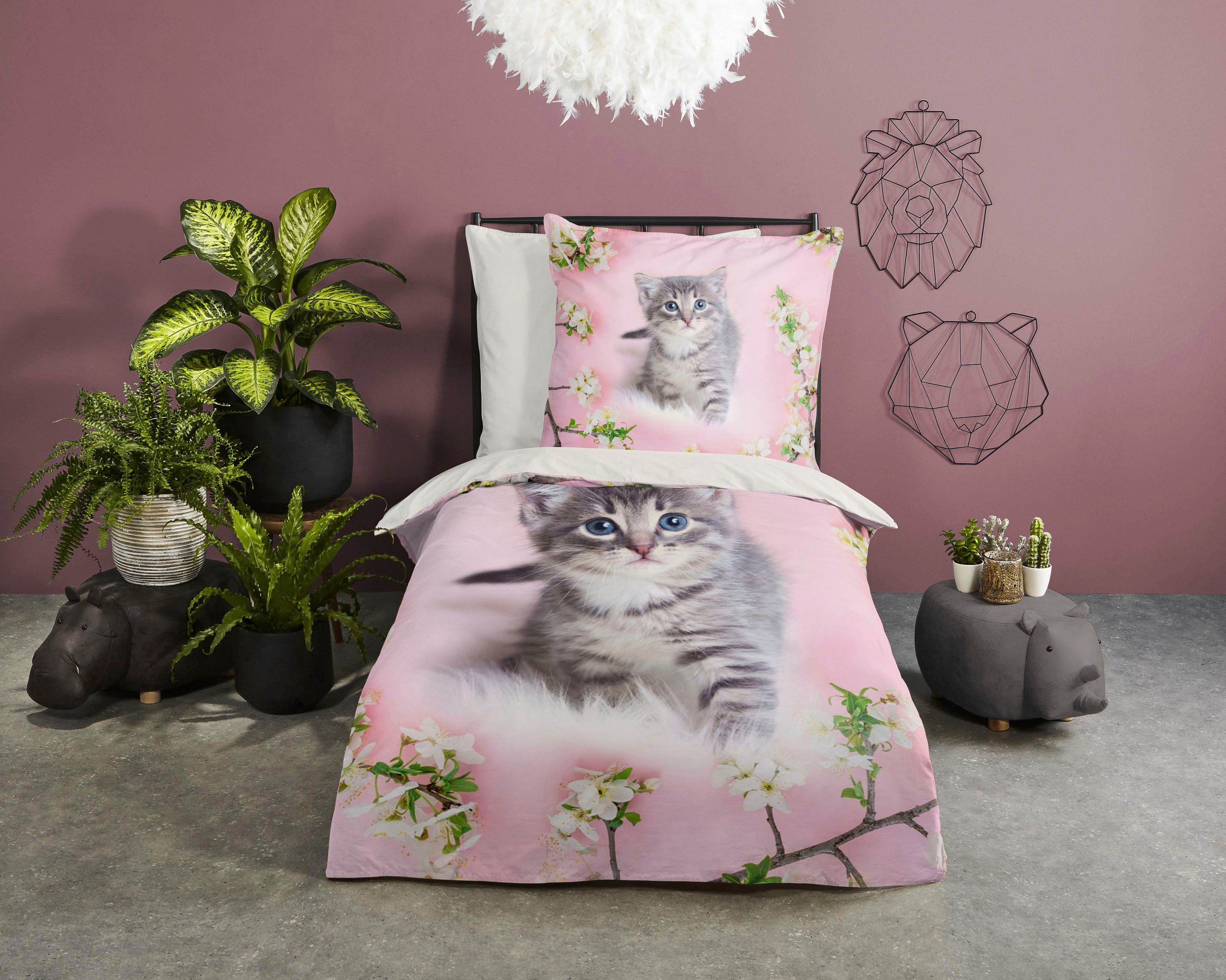 good morning Kinderovertrekset Pussycat Katoen, 135x200, Rits, Omkeerbaar, Kind, Meisje, Roze, Kat (2-delig)