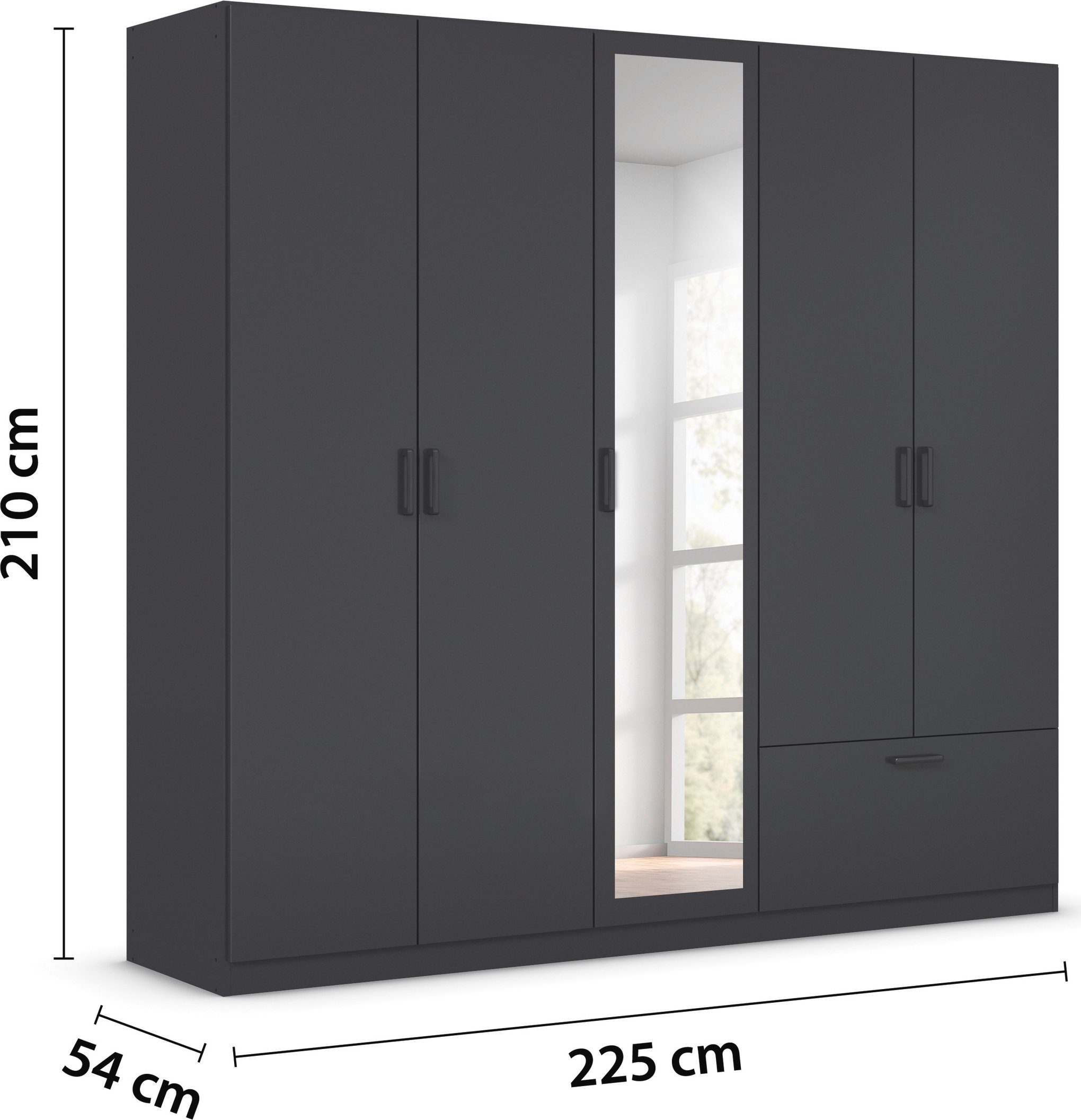 rauch Draaideurkast Kledingkast kast garderobe waskast BARI met spiegel met lades aan de buitenkant, moderne greep in grijs metallic made in germany