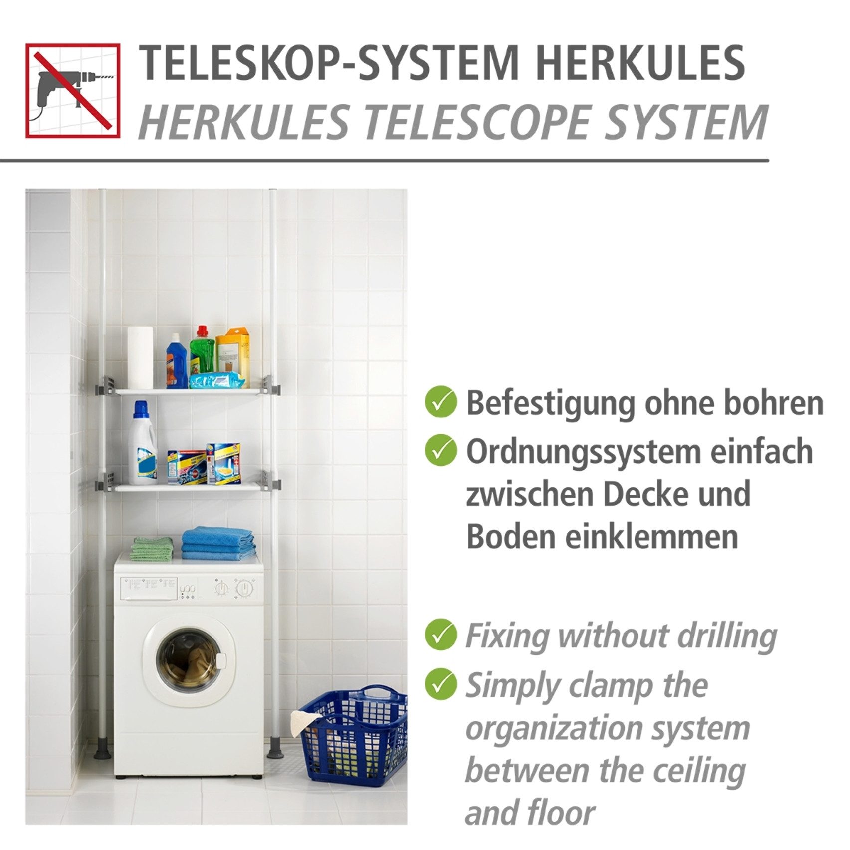 WENKO Telescooprek Herkules Twin 2 draagstangen, 2 verstelbare planken, ideaal voor badkamer & berging (set)