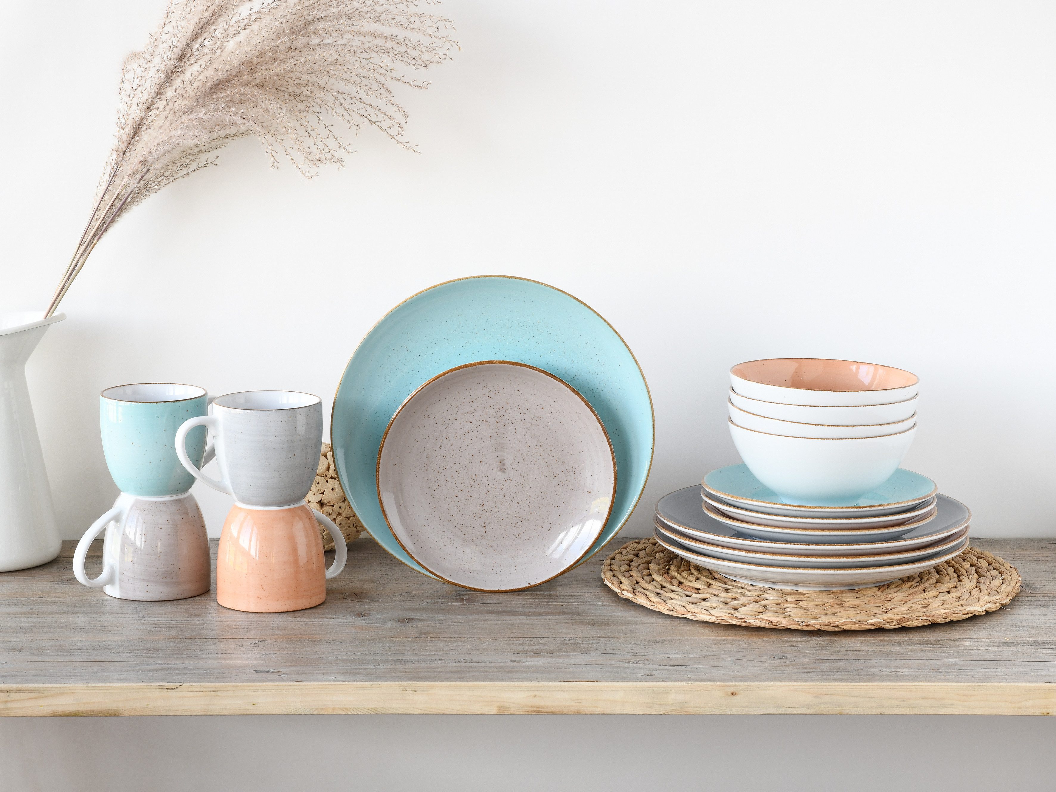 CreaTable Combi-servies Servies-set VINTAGE NATURE Servies, met de hand geschilderd, gespikkeld, 16 delen, voor 4 personen (set, 16-delig)