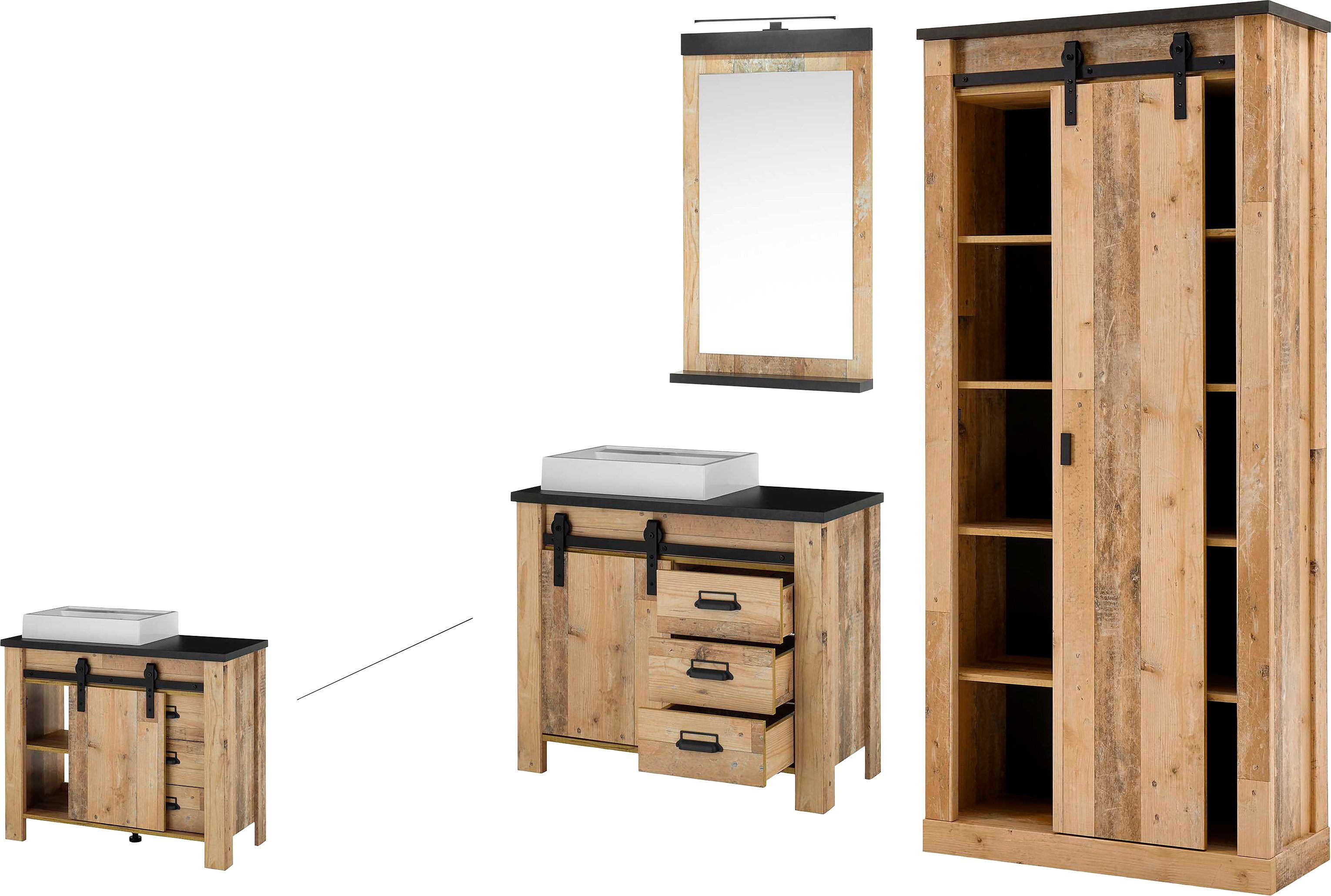 Home affaire Badkamerserie SHERWOOD, Bad im modernen Design, 3-teiliges Badezimmer in houtdecor, met schuurdeurbeslag en apothekersgrepen van metaal (3-delig)
