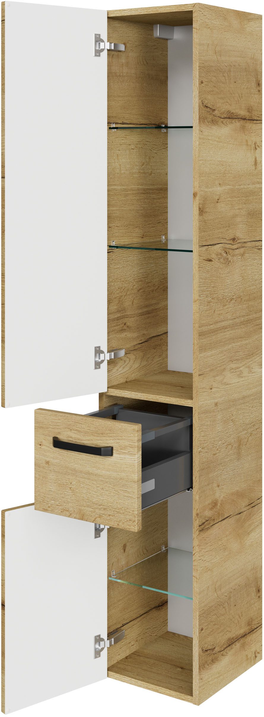 Saphir Hoge kast Serie 4010 badkamerkast 30 cm breed, met 2 deuren en 1 lade