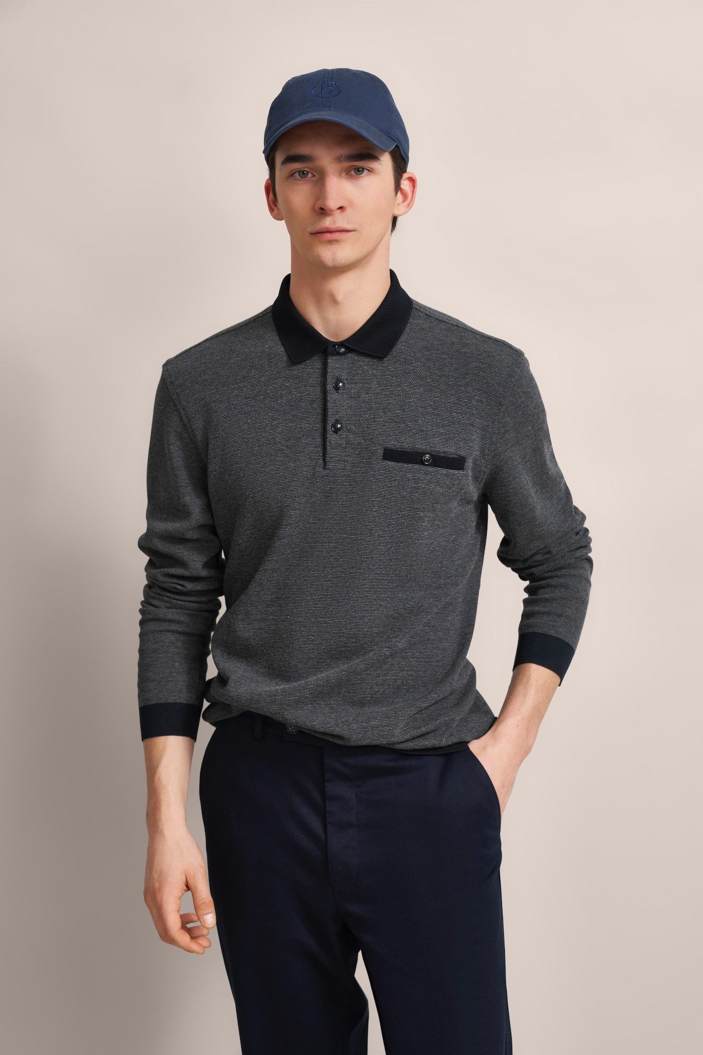 Bugatti Poloshirt met lange mouwen met structuurkraag heren t-shirts maat M grijs