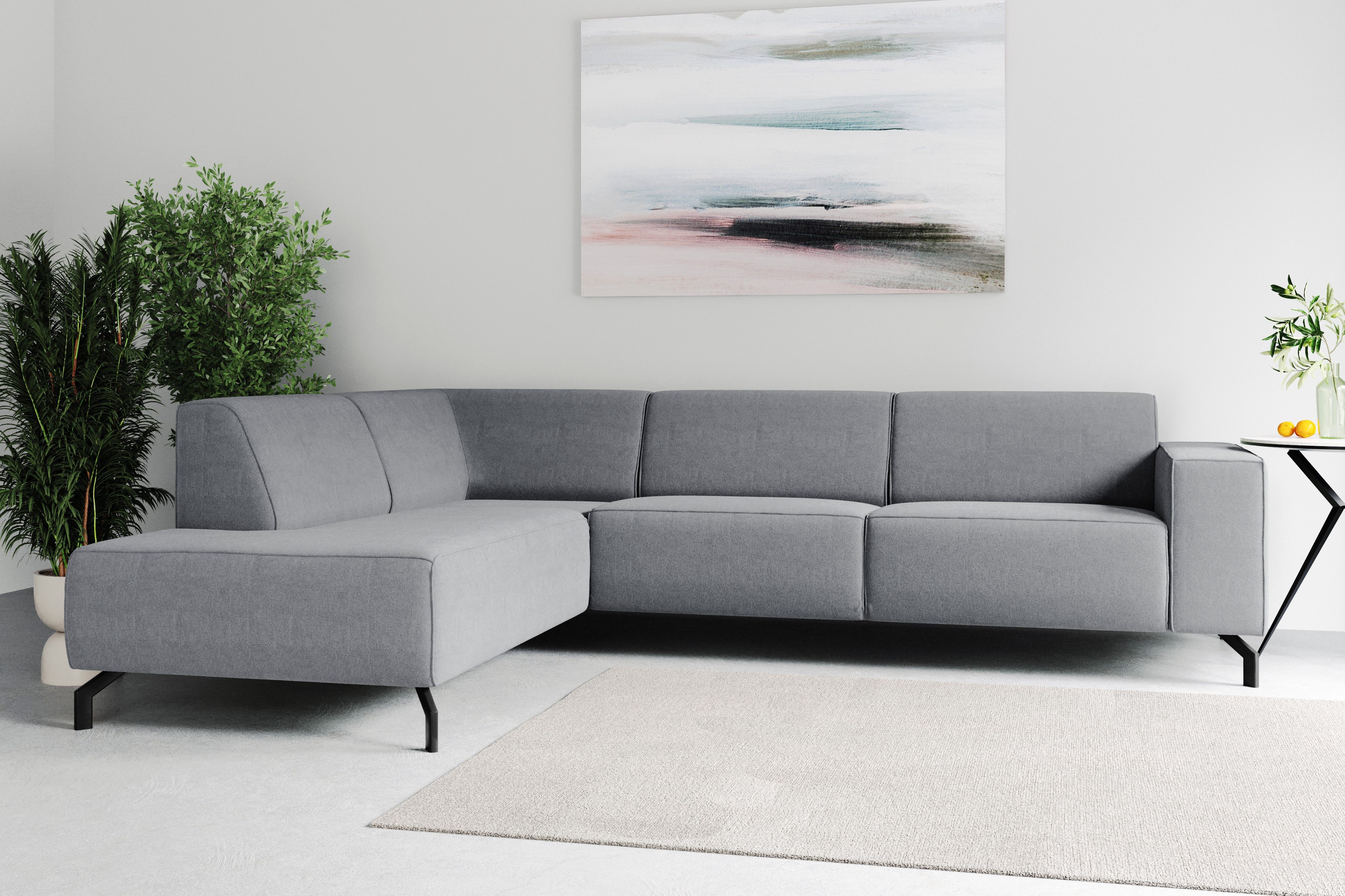 Places of Style Hoekbank Lorcan, breedte 275 cm, zacht zitgevoel met zwarte metalen poten, lederlook en zachte structuurstof