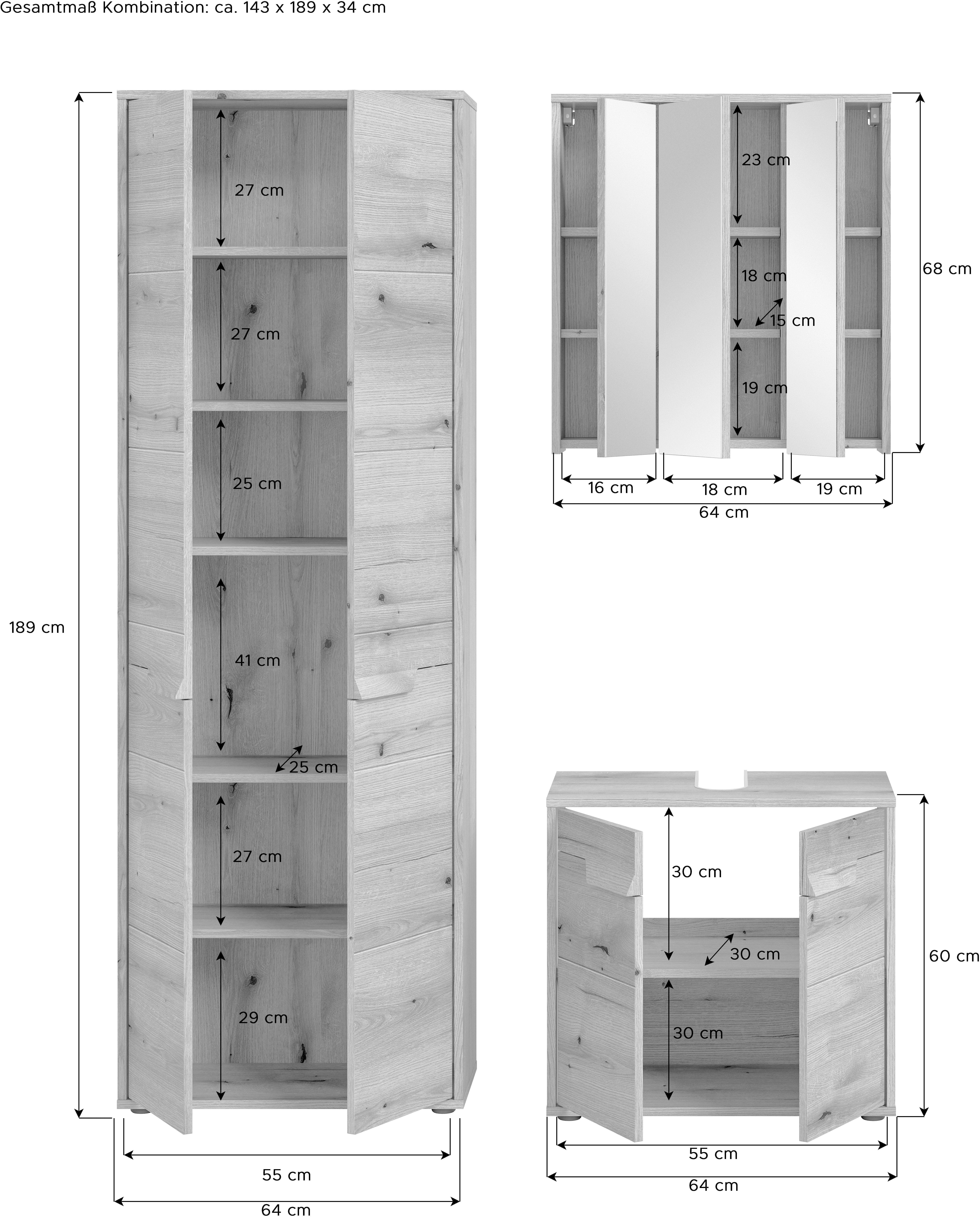 welltime Badmeubelset Kayu, bestaande uit: hoge kast, wastafelonderkast Spiegelschrank, hoogwaardige MDF front met groeffrasing, badkamer, badkamer set