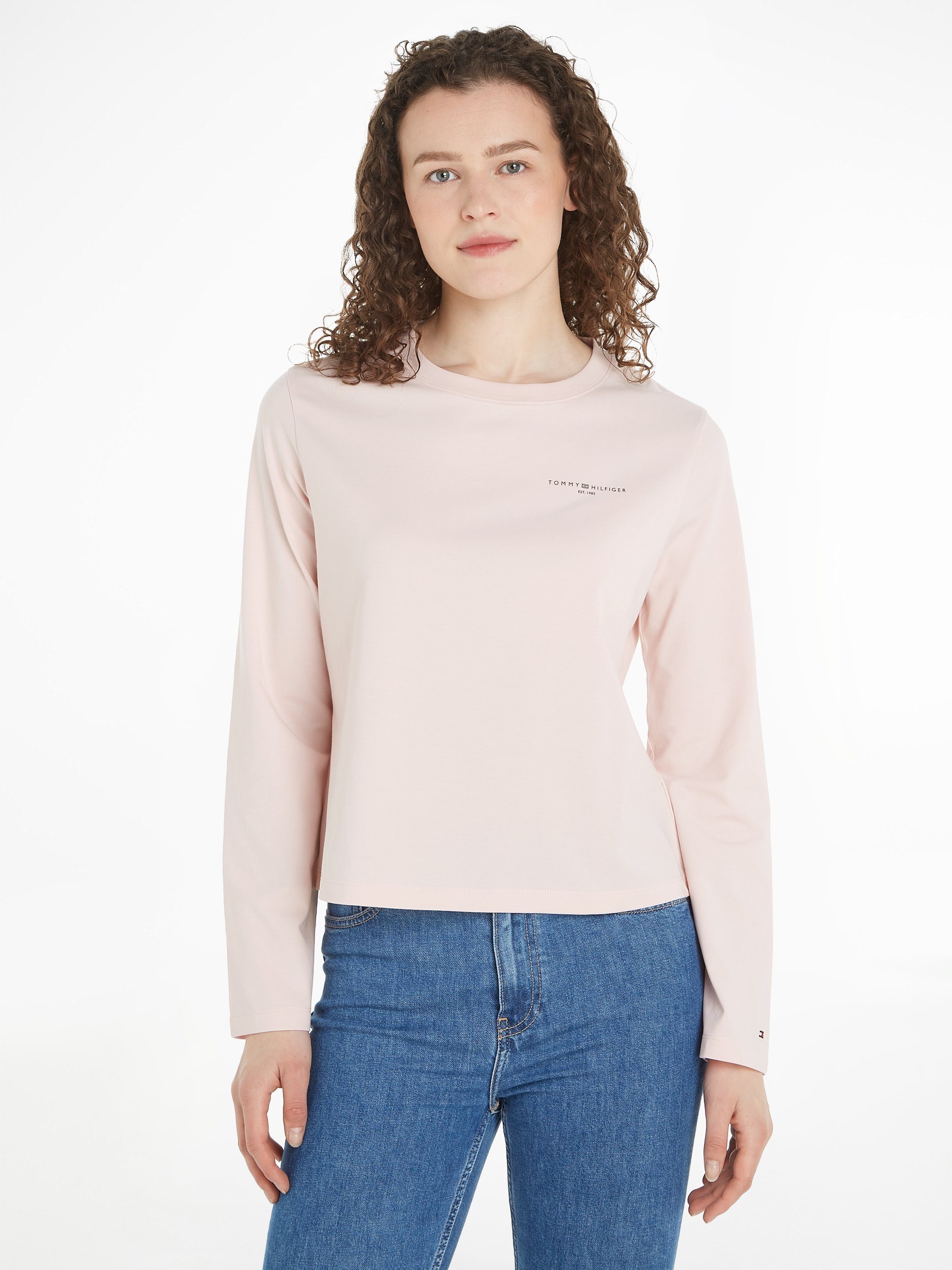Tommy Hilfiger Shirt met lange mouwen 1985 REG MINI CORP LOGO C-NK LS met logo opschrift op borsthoogte dames longsleeves maat XXXL (46) roze