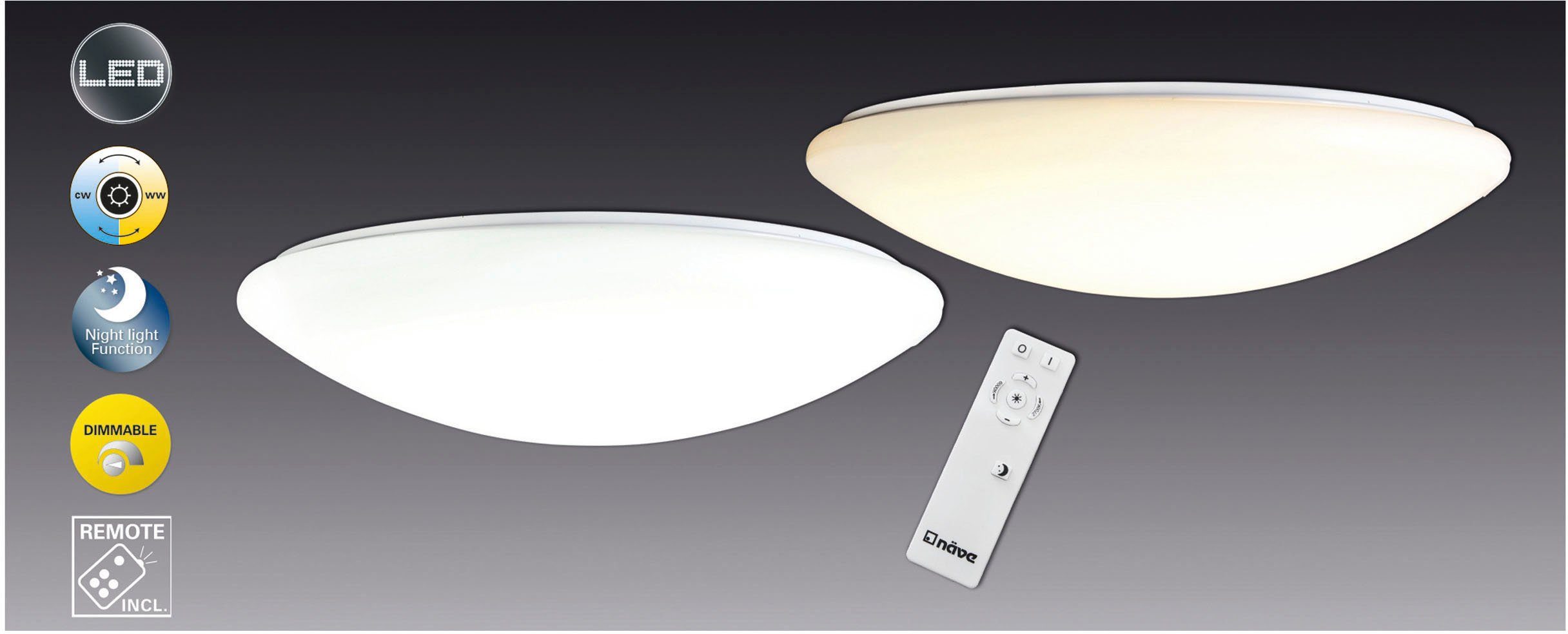 näve Led-plafondlamp Sydney dimbaar, nachtlichtfunctie, geheugen, lichtkleur verwisselbaar, d: 60 cm (1 stuk) plafondlampen wit