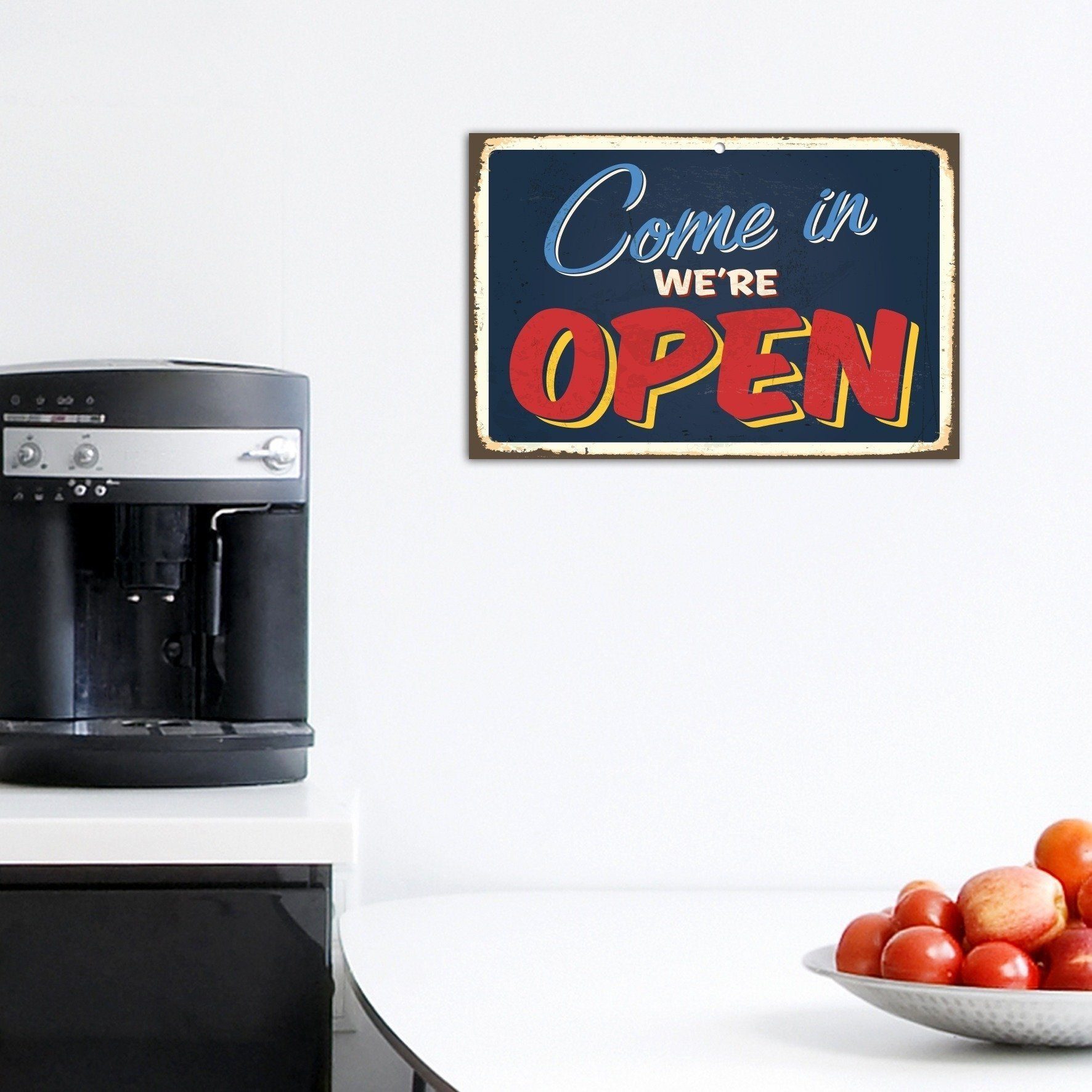 queence Metalen artprint Staalplaat, blikplaat, uitspraak, Open, openingstijden