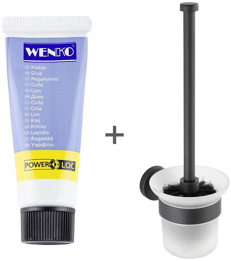 WENKO Toiletset Model Bosio incl. lijm, voor wandbevestiging zonder boren, bevestiging van roestvrij staal (2-delig) wc-accessoires zwart