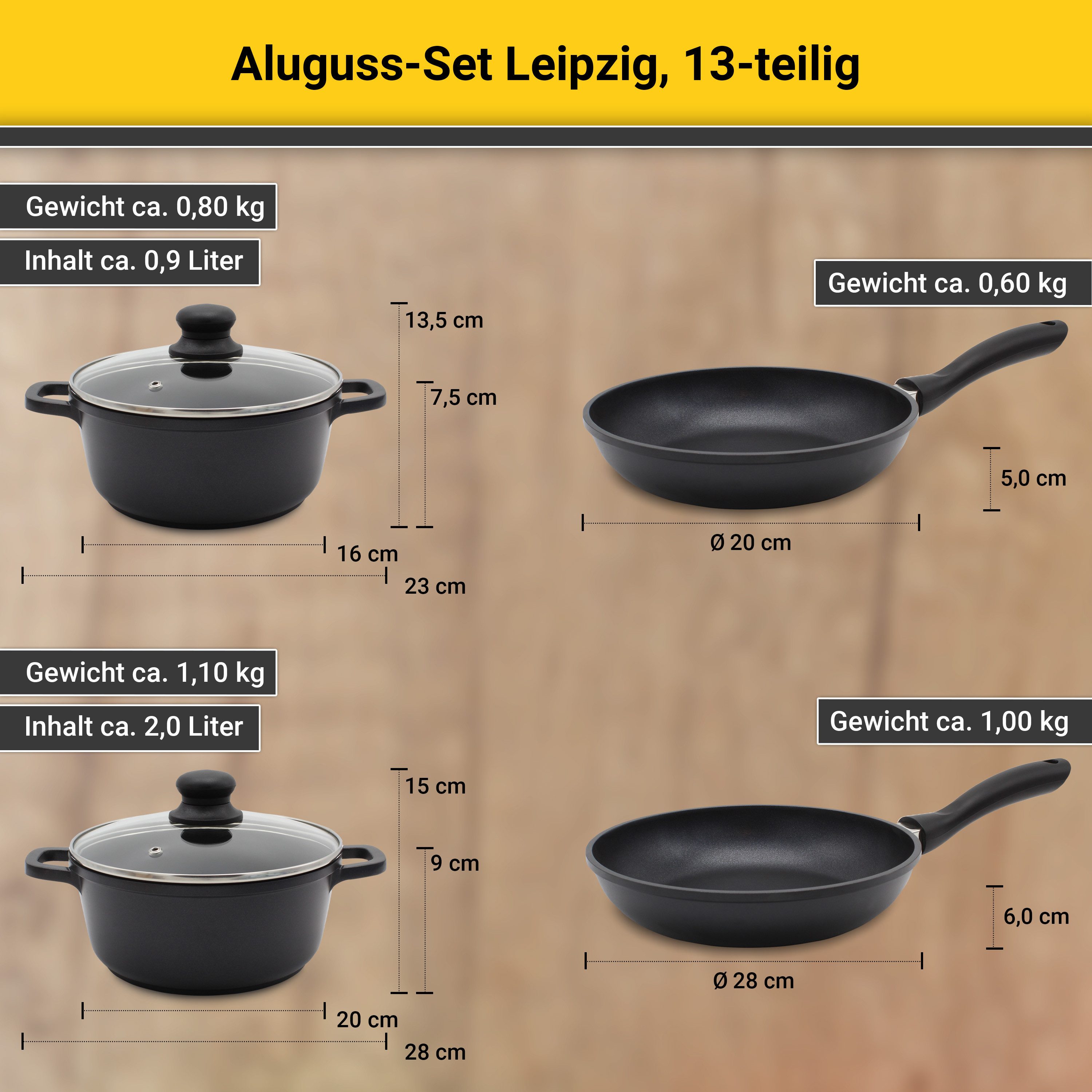 Krüger Pannenset Gegoten aluminium pot-/pannenset LEIPZIG incl. keukenhulpen, 13-delig (set)