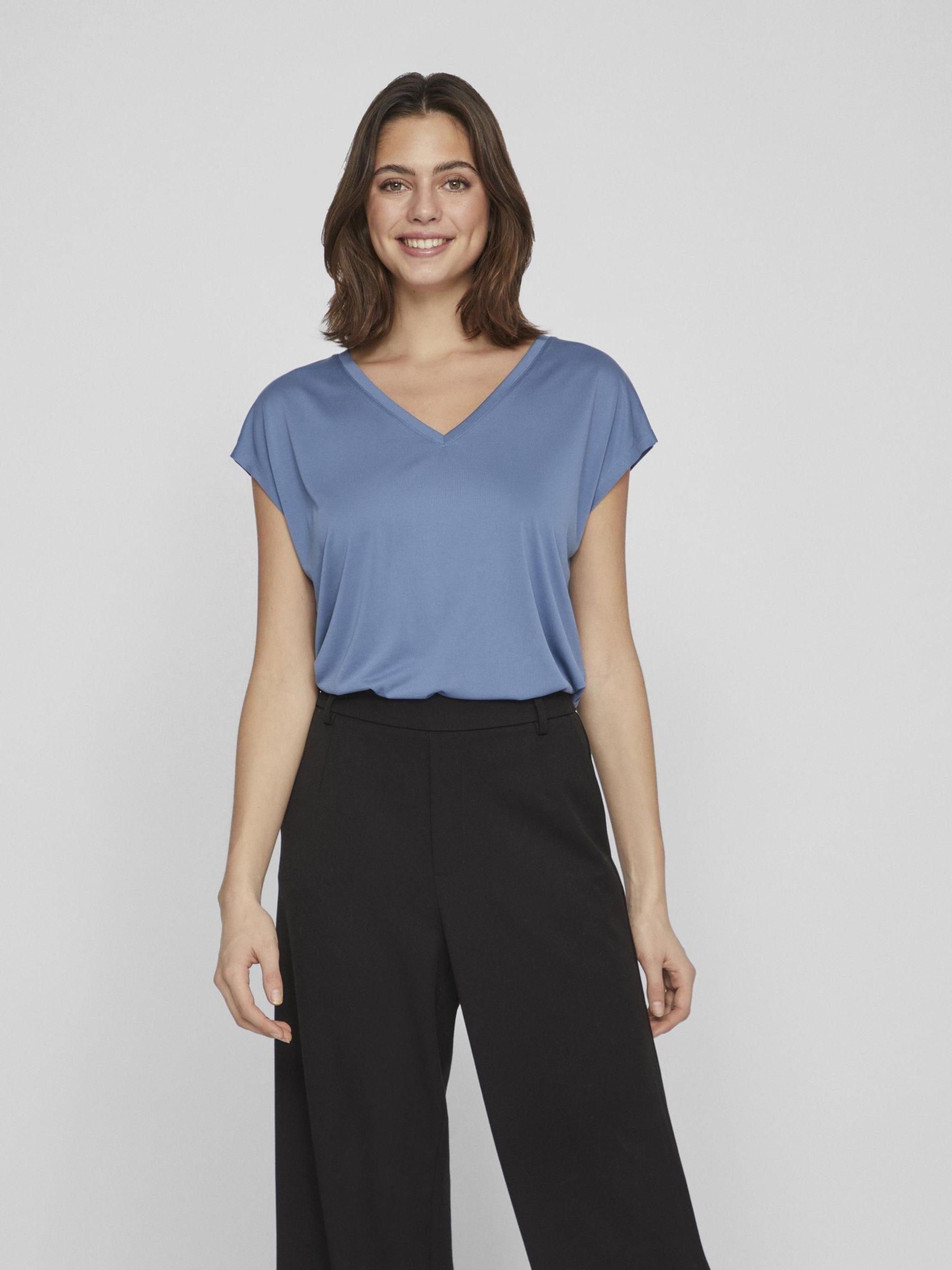 Vila Korte Mouw V-hals Modal T-shirt Vrouwen Blue Dames