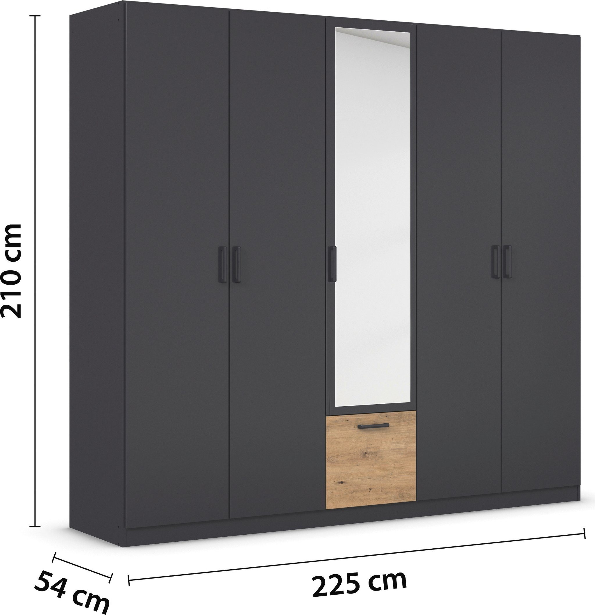 rauch Draaideurkast Kledingkast kast garderobe waskast BARI met spiegel met lades in het midden, moderne greep in grijs metallic made in germany