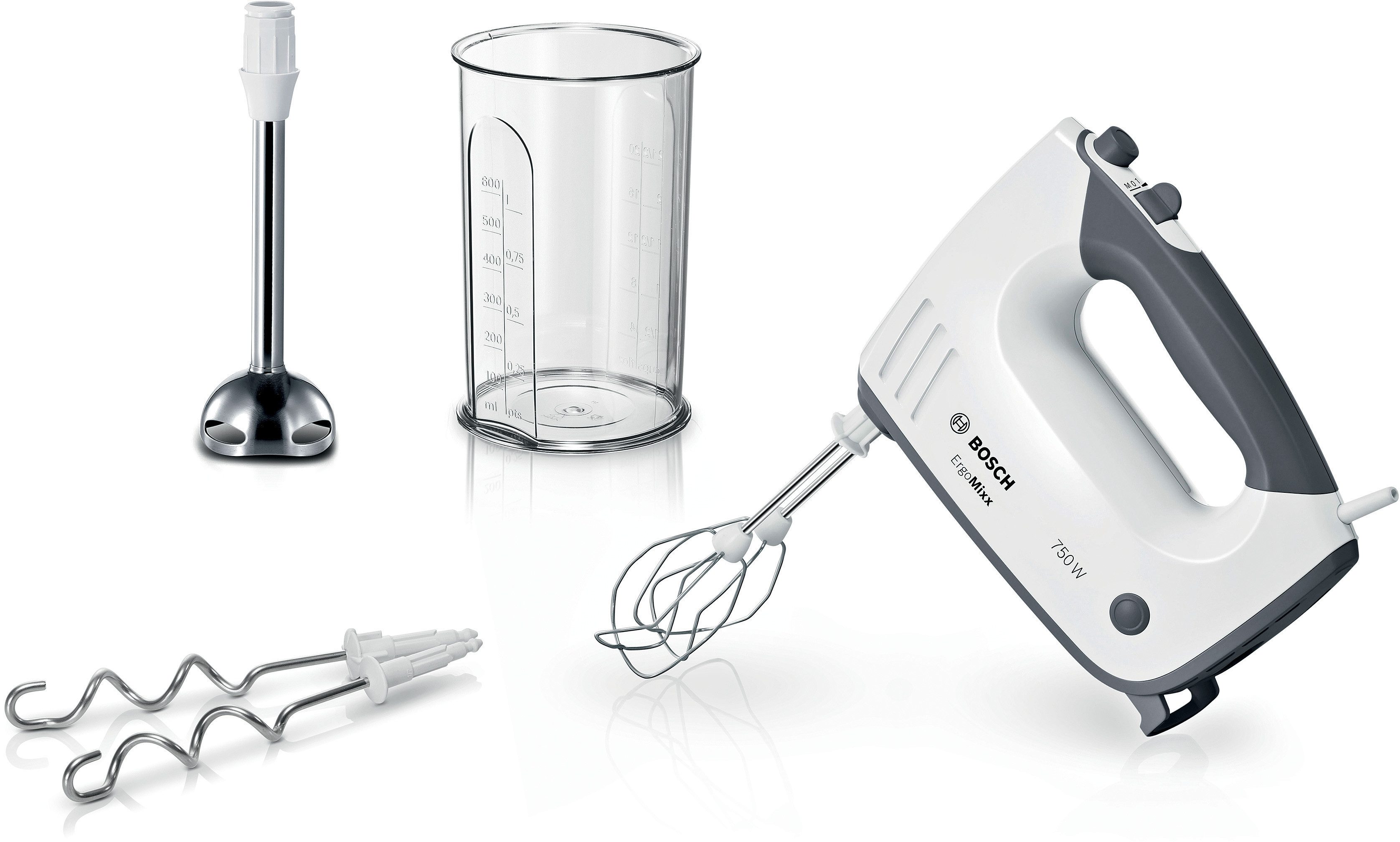 BOSCH Handmixer ErgoMixx MFQ37470, Edelst. Mixstaaf/knethaken, 5 standen, wit Turbostand, mixstaaf, lichtgewicht behuizing, gemaakt in Europa