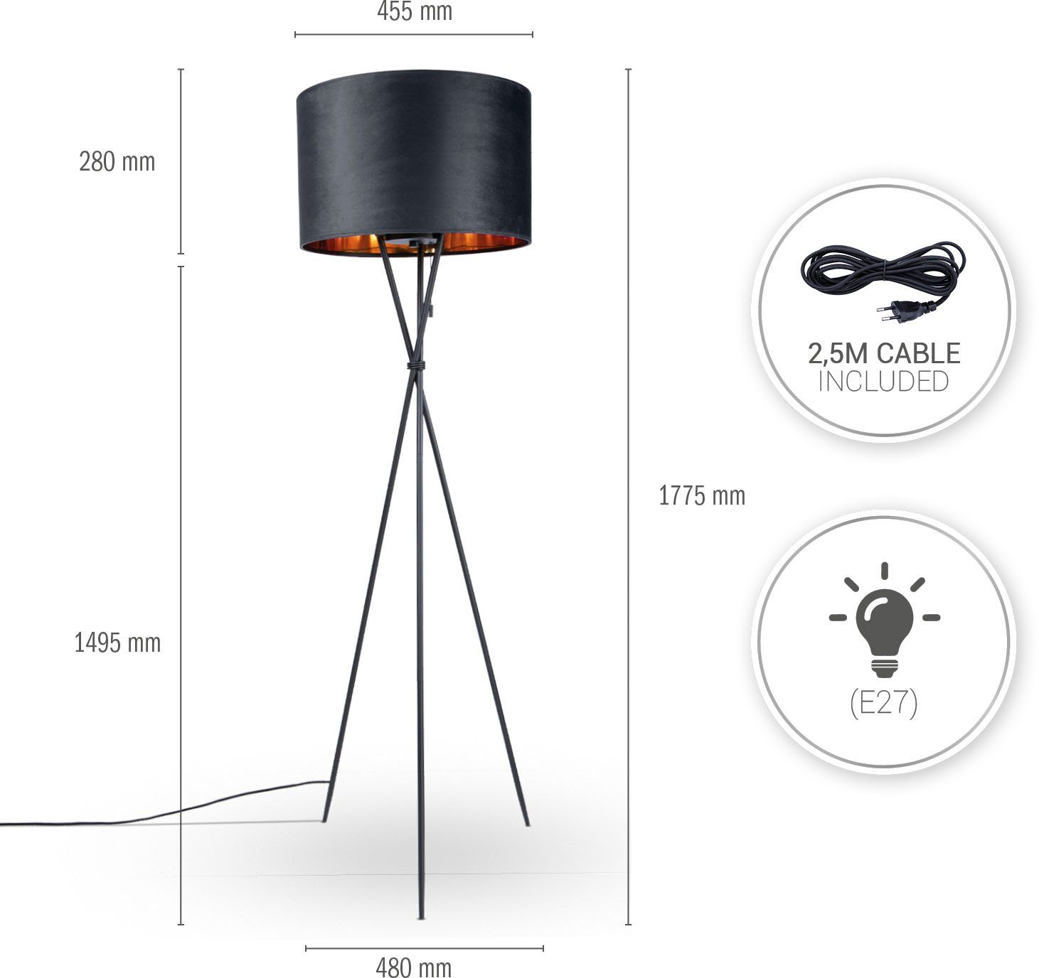 Paco Home Staande lamp Kate uni kleur Woonkamer driepoot vloerlamp velours hoogte 177,5cm filigraan E27
