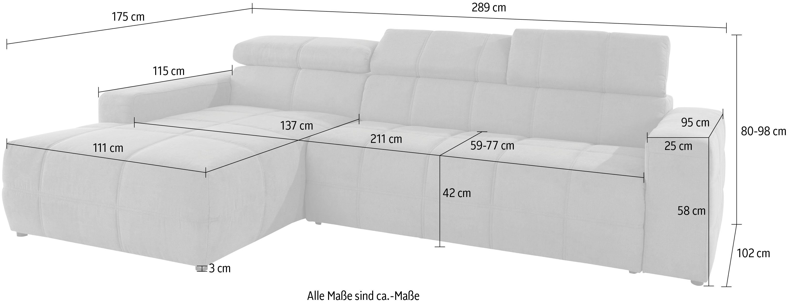 DOMO collection Hoekbank Brandon B/D/H: 289/177/80 cm, keuze met zitdiepteverstelling, L-vorm