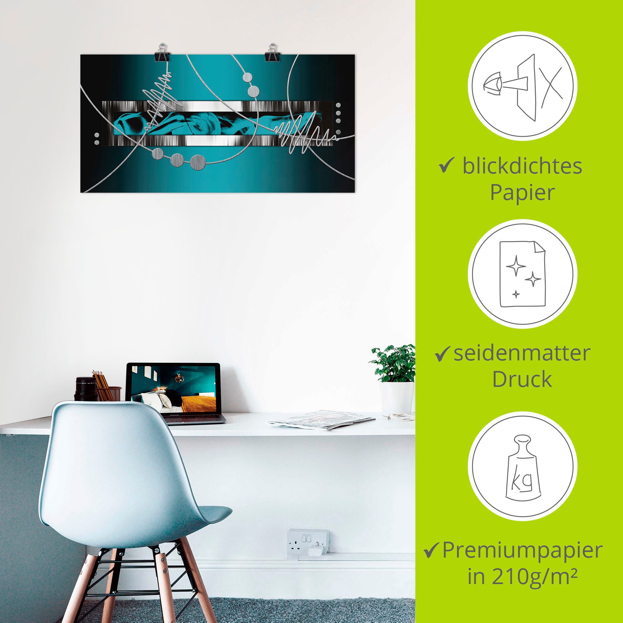 Artland Artprint Zilverkleur abstract op petrol als artprint van aluminium, artprint voor buiten, artprint op linnen, poster, muursticker