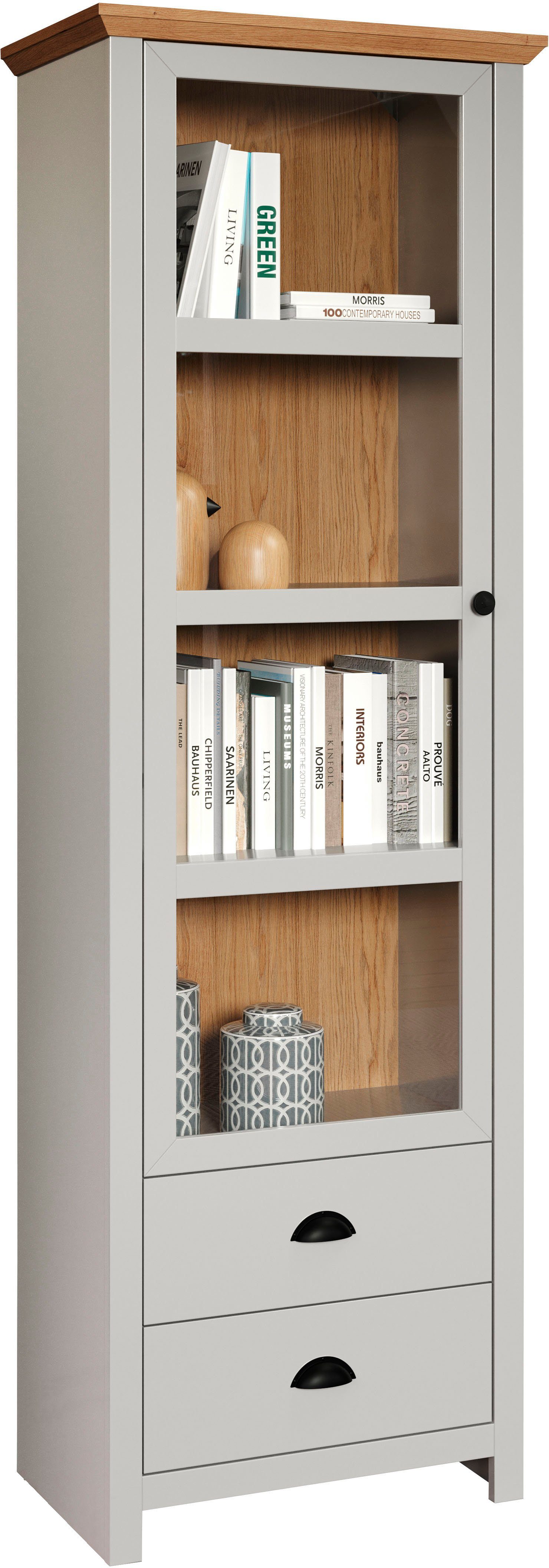Home affaire Vitrinekast Herzwill lichtgrijs / artisan eiken, mat, 65 x 201 cm, met glasdeur