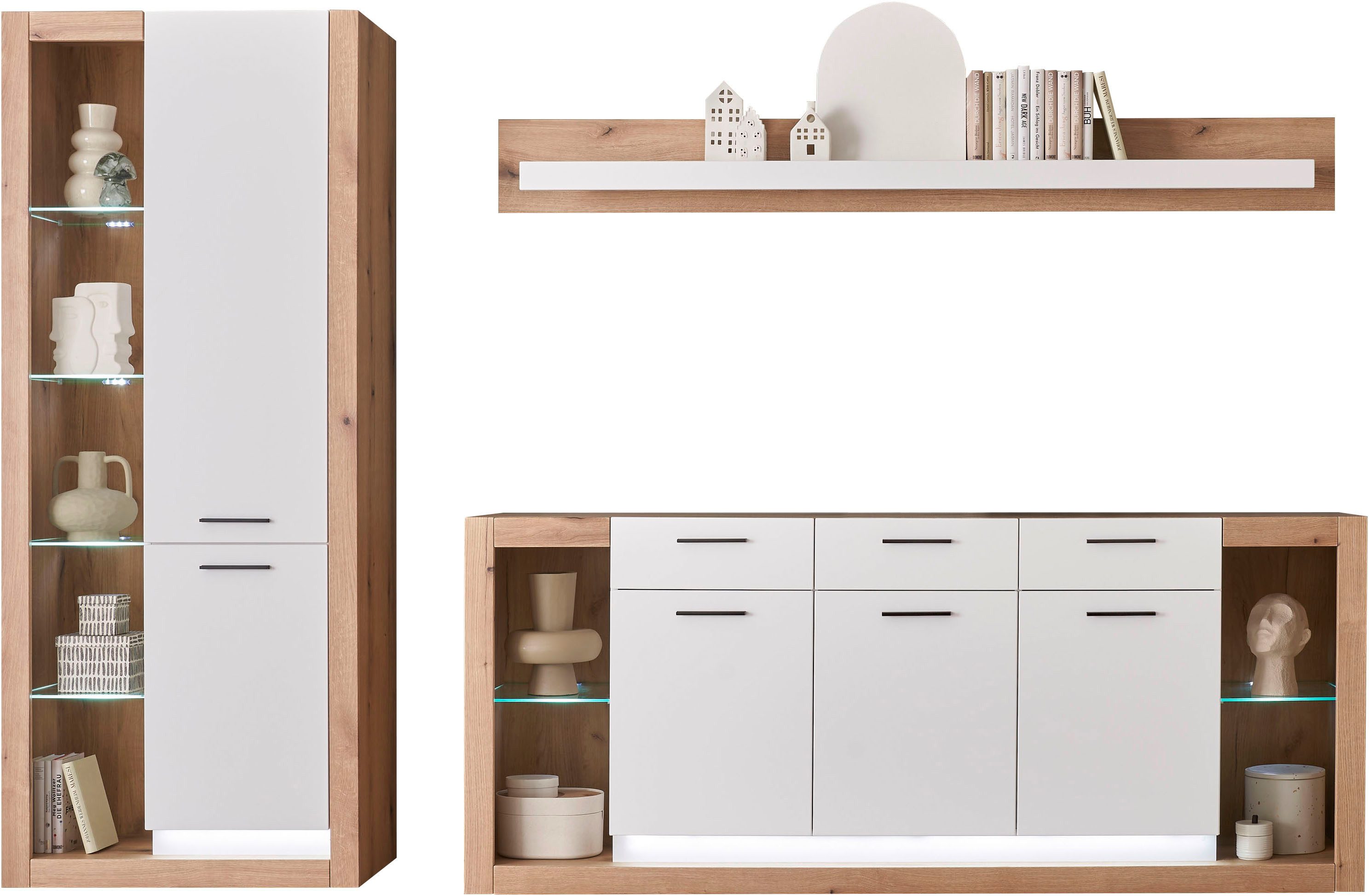 INOSIGN Wandmeubel Brixen, moderne opbouwwand, woonkamer set, eik Evoke decor met wit (set, 3-delig)