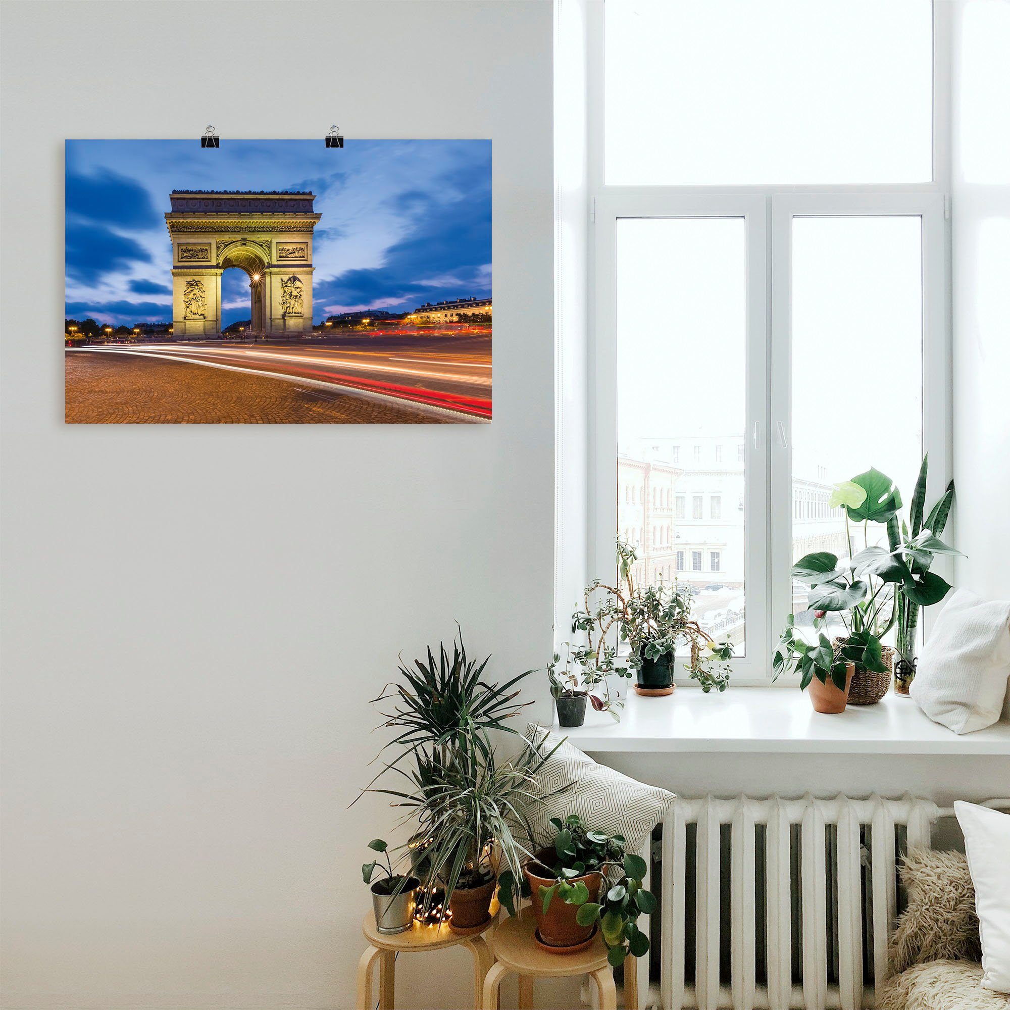 Artland Poster Parijs Triomfboog 's avonds als artprint van aluminium, artprint op linnen, muursticker of poster in verschillende maten