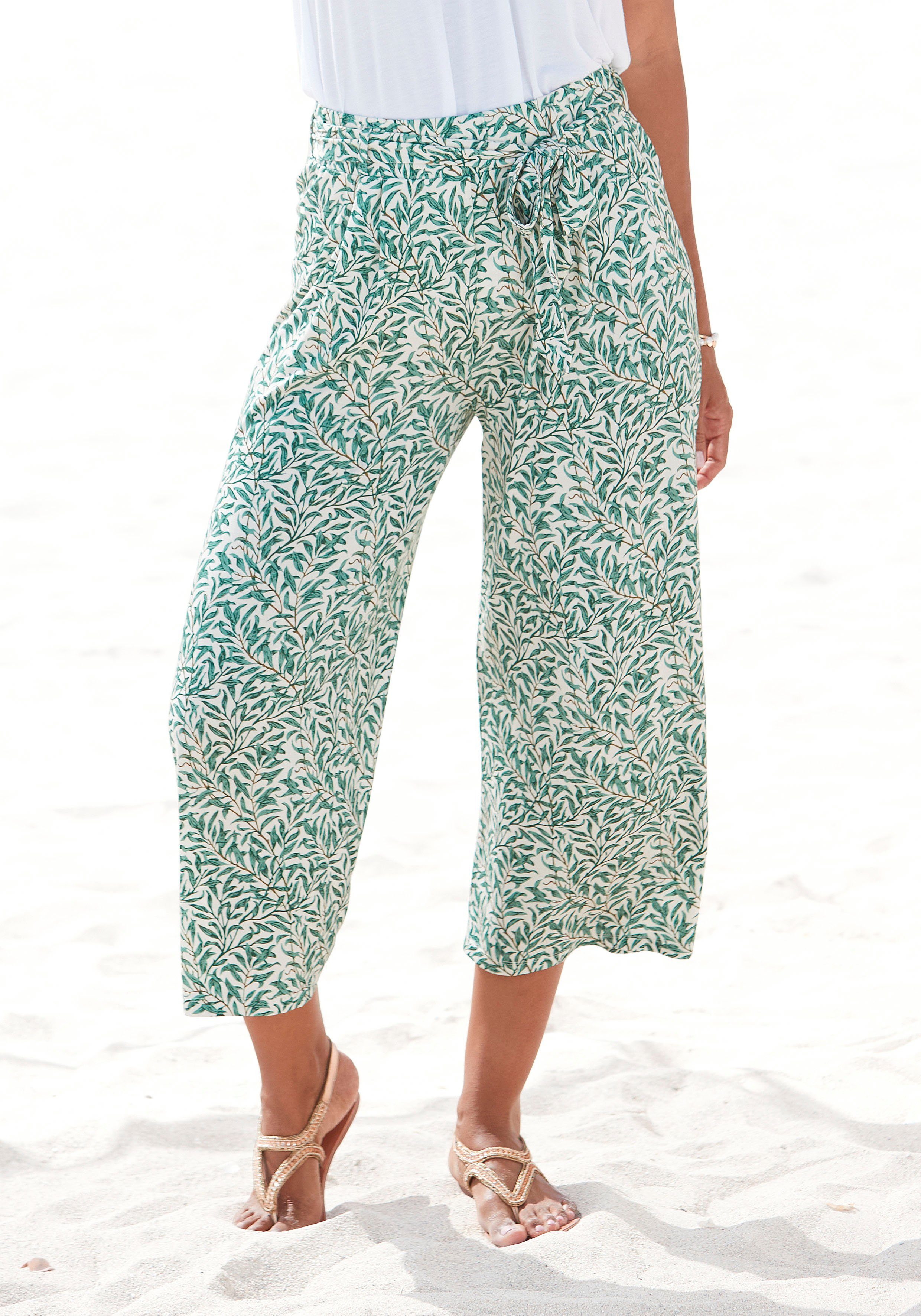 Beachtime Culotte met bladprint en striklint, luchtige lichtgewicht zomerbroek (Met een...