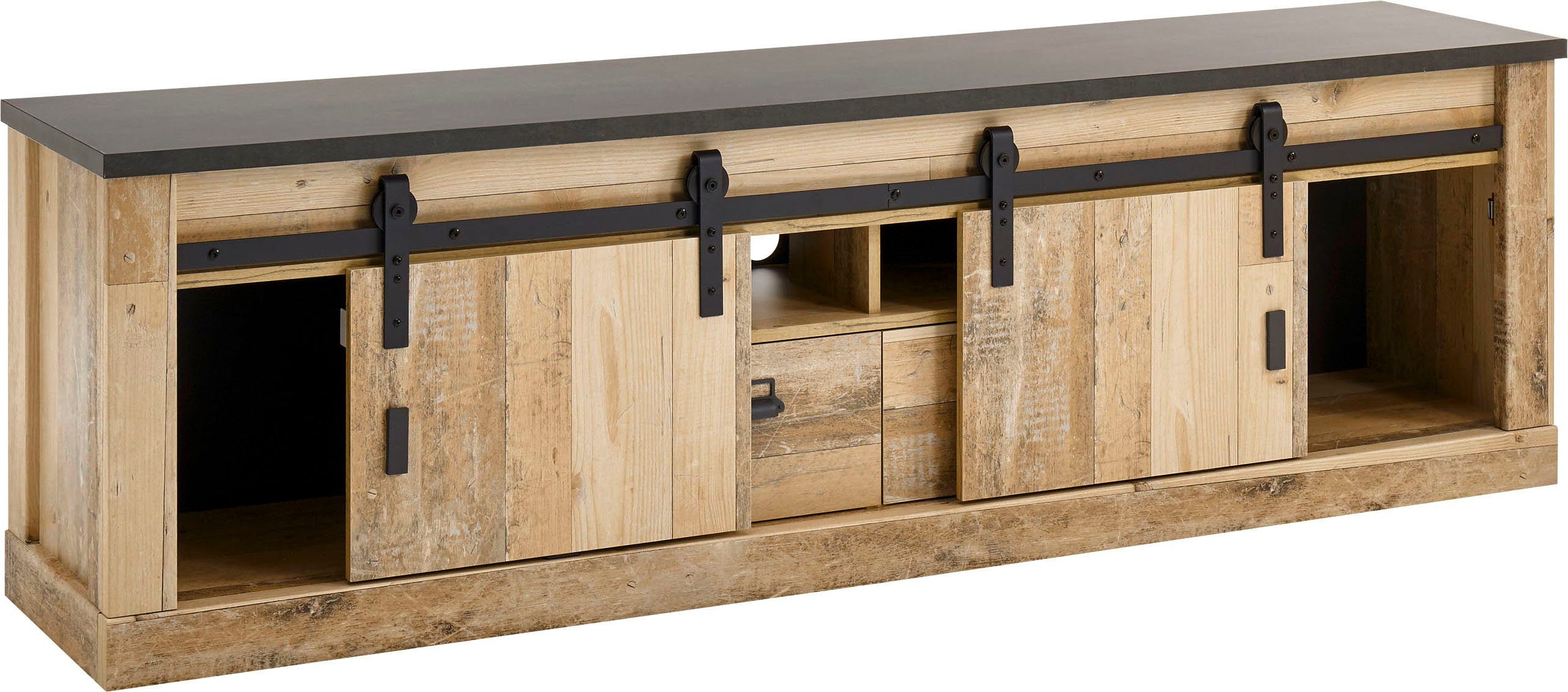 Home affaire Tv-meubel Sherwood modern houtdecor, met schuurdeurbeslag van metaal, breedte 201 cm