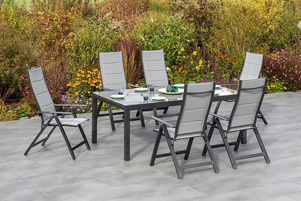 MERXX Tuin-eethoek Florence 6 klapstoelen met uittrekbare tafel (7-delig) tuinsets grijs