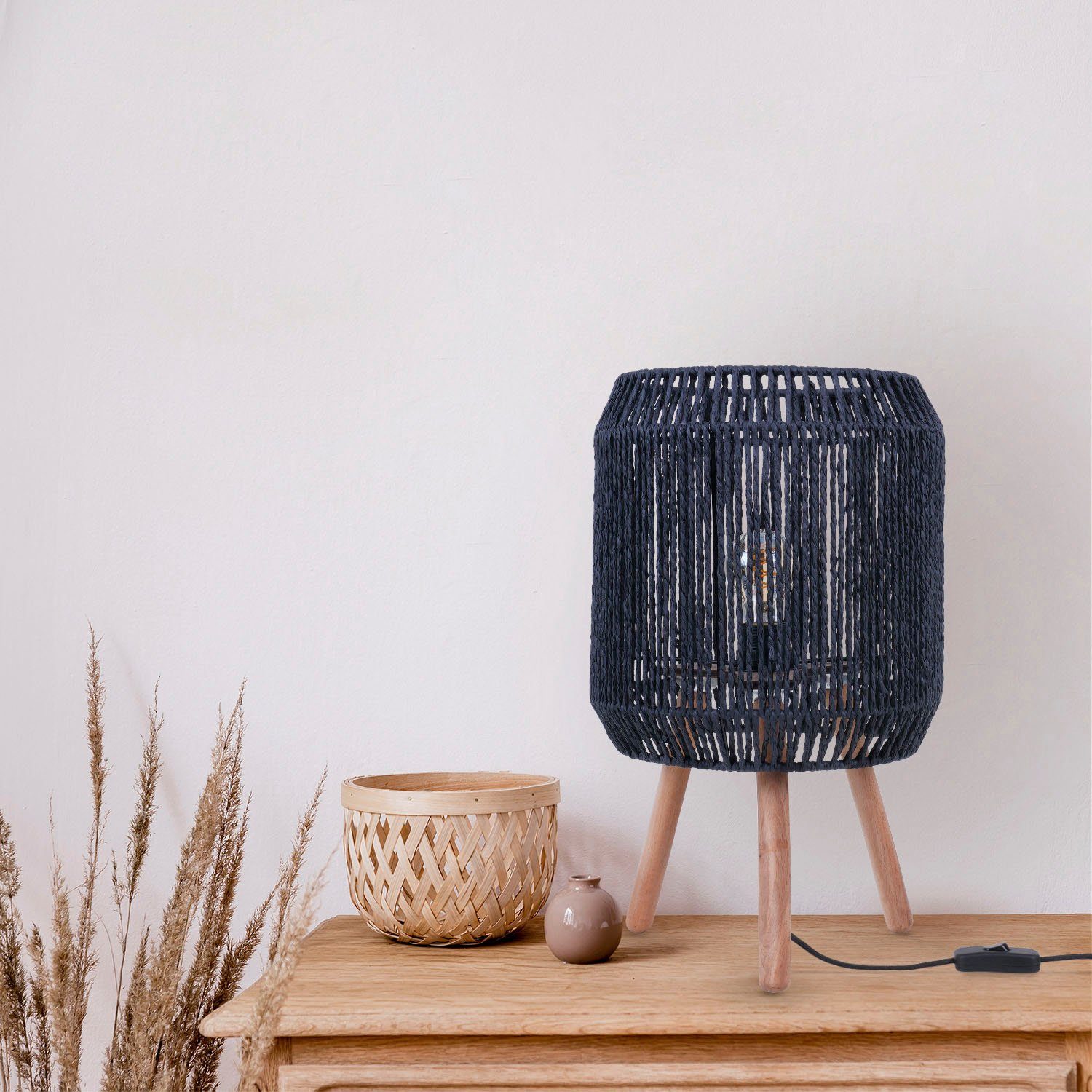 Paco Home Tafellamp Sol Boho decoratie lampenkap mand hout E27
