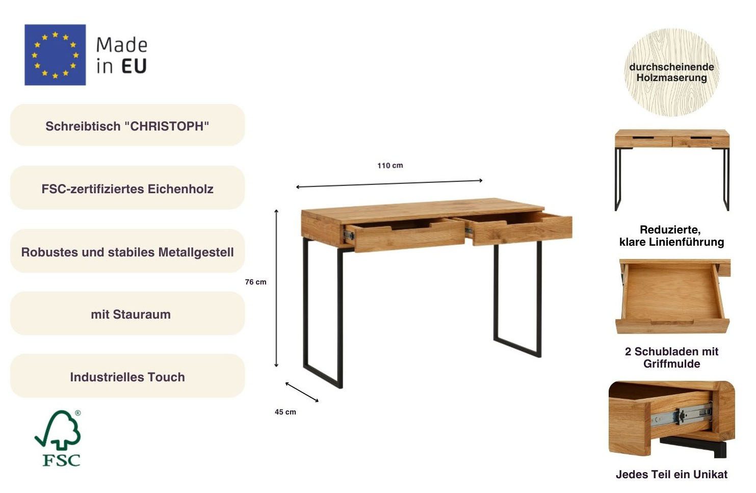 Home affaire Bureau Laptoptafel, eikenhout, met 2 lades, filigraan metalen frame