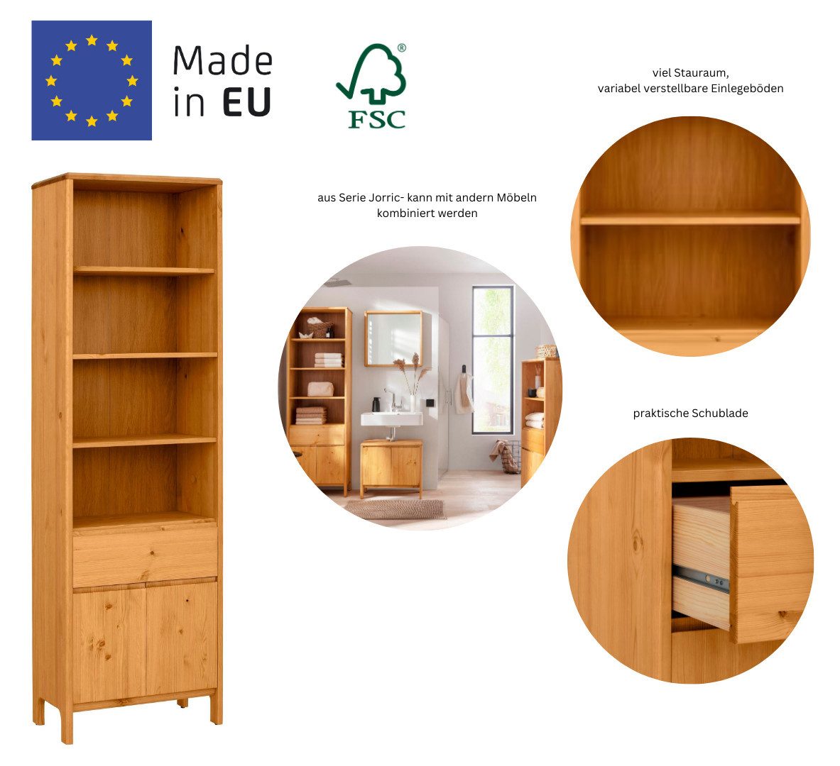OTTO products Hoge kast Jorrick Breedte 60 cm, massief grenenhout met bio olie/was behandeld