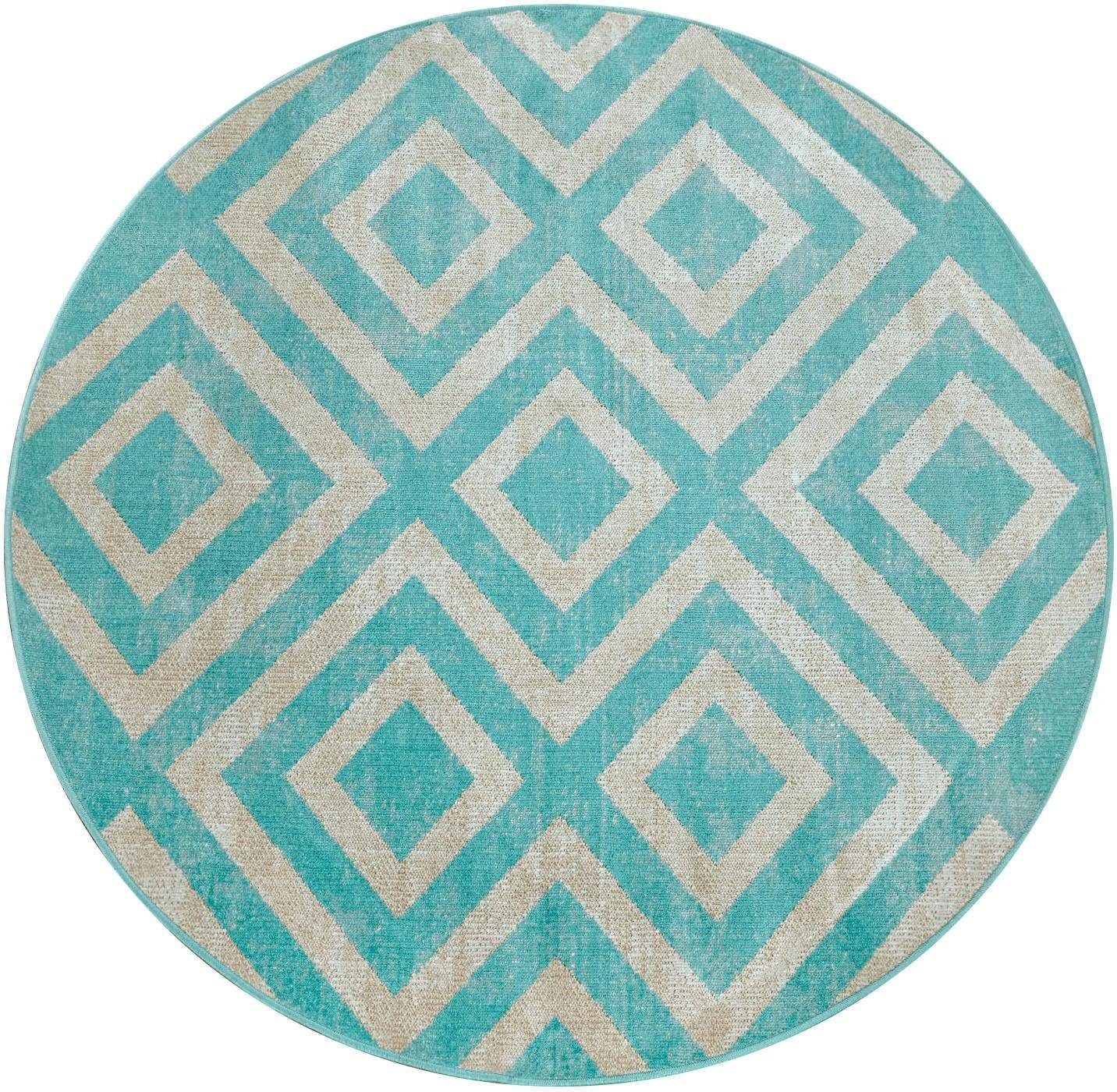 Paco Home Vloerkleed Poco 821 Korte pool, ruitdessin, geschikt voor binnen en buiten moderne vloerkleden maat Ø 200 cm x 6 mm blauw