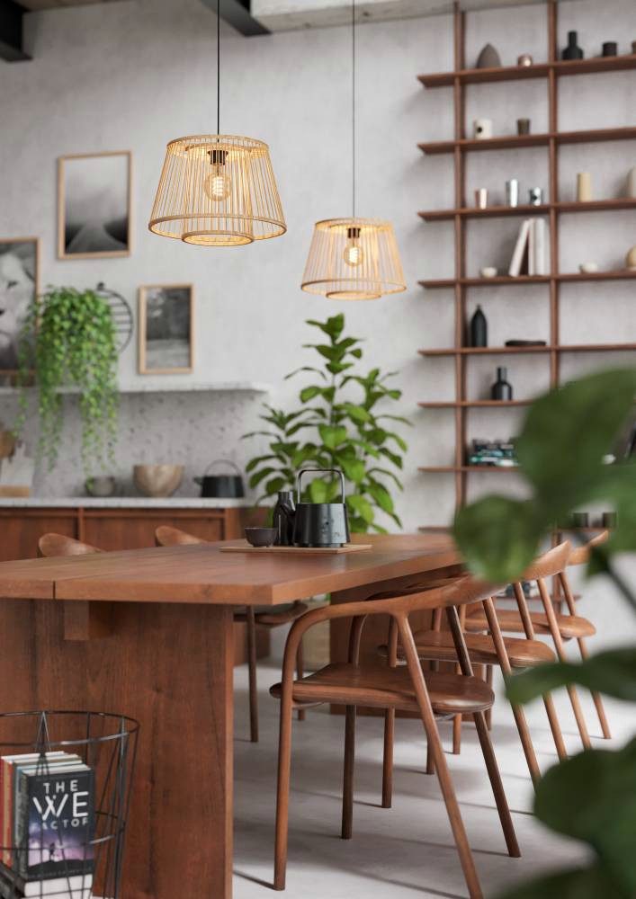 EGLO Hanglamp HYKEHAM Houten eettafellamp, bamboe in natuur, hanglamp met E27 fitting (1 stuk)