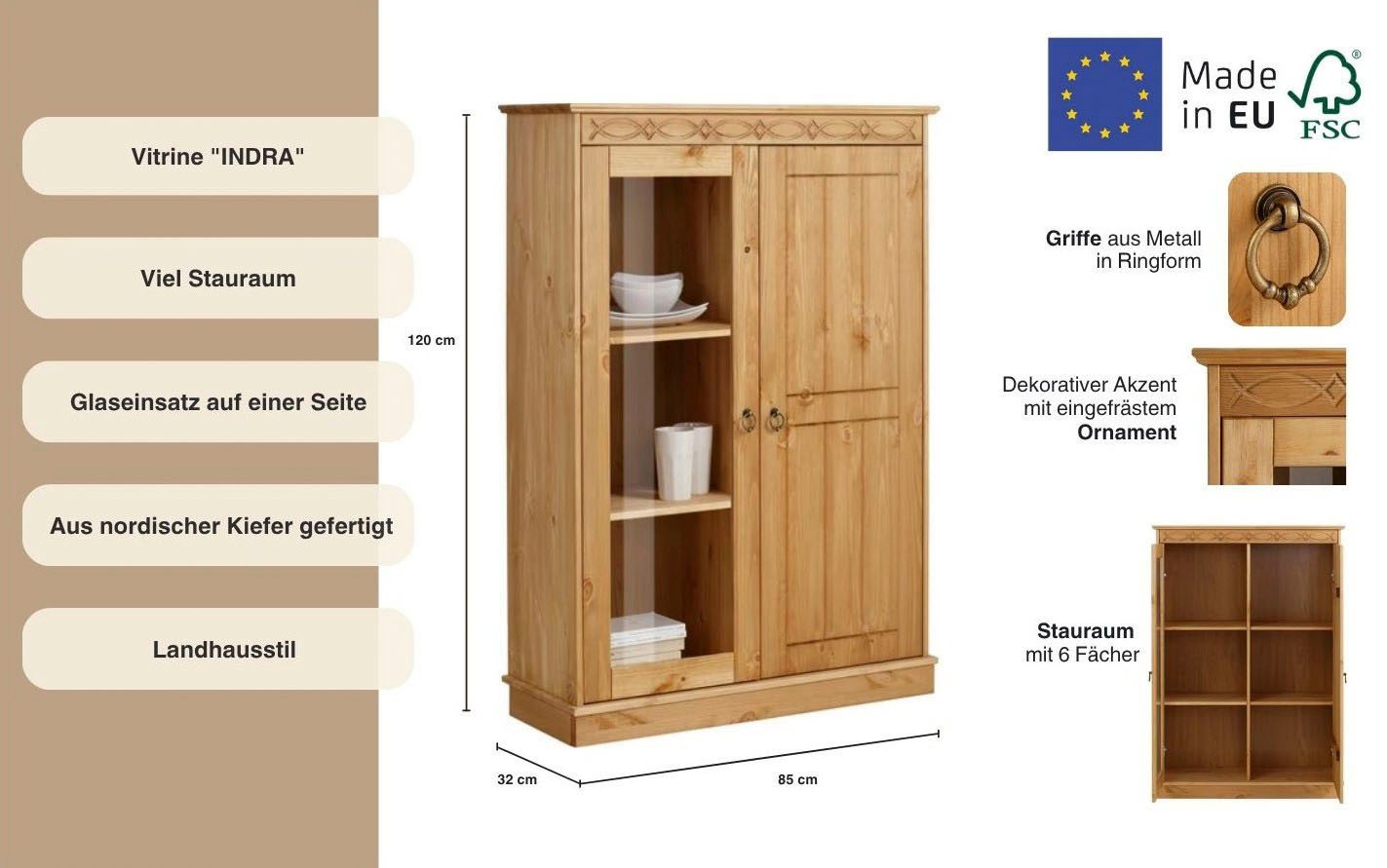 Home affaire Highboard Indra Vitrine, breedte 85 cm, van massief grenen