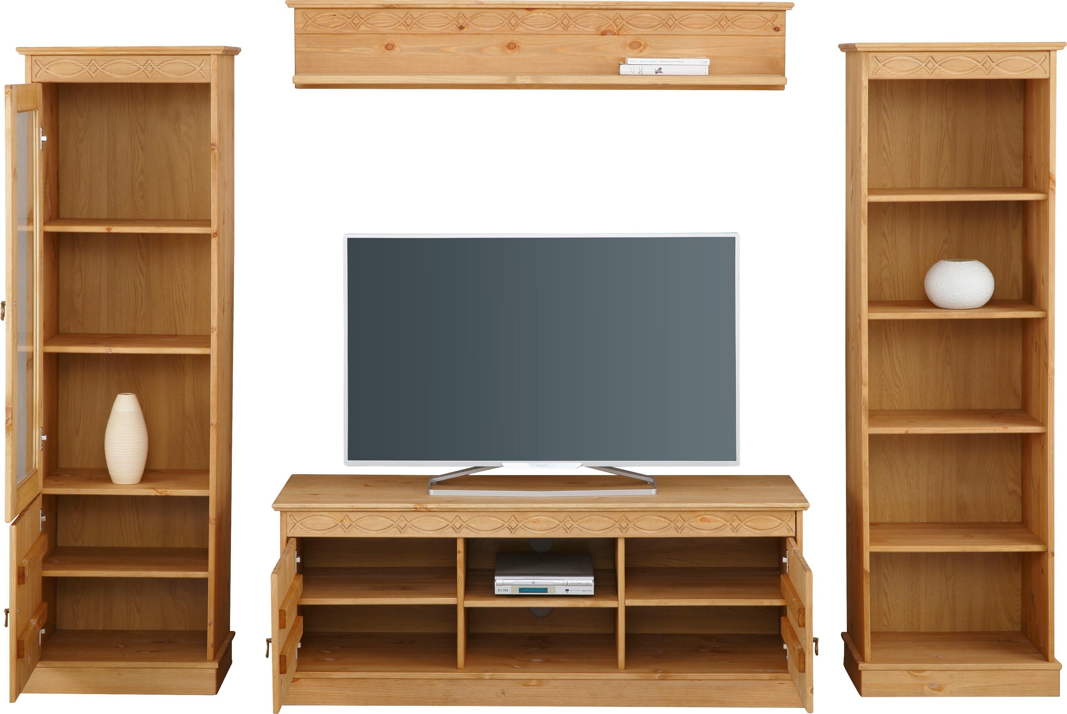 Home affaire Wandmeubel Indra 4-delig set: vitrinekast, lowboard, wand- & staande plank, massief dennenhout (set, 4-delig)