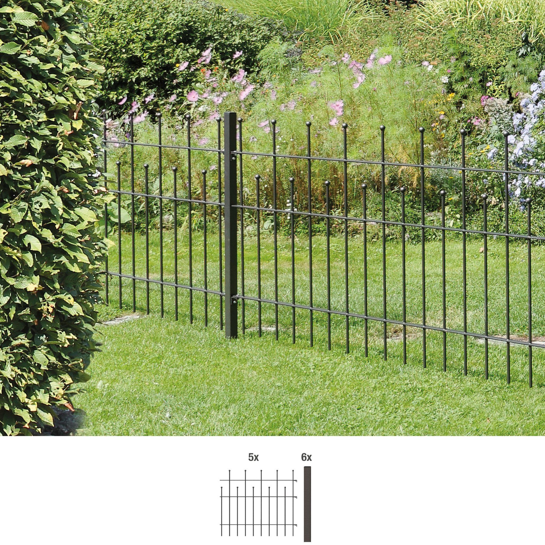 GAH Alberts Metalen hek Madrid Hoogte: 49,5, 73,5 en 98,5 cm, totale lengte: 10 m, voor plaatsing in beton (set)