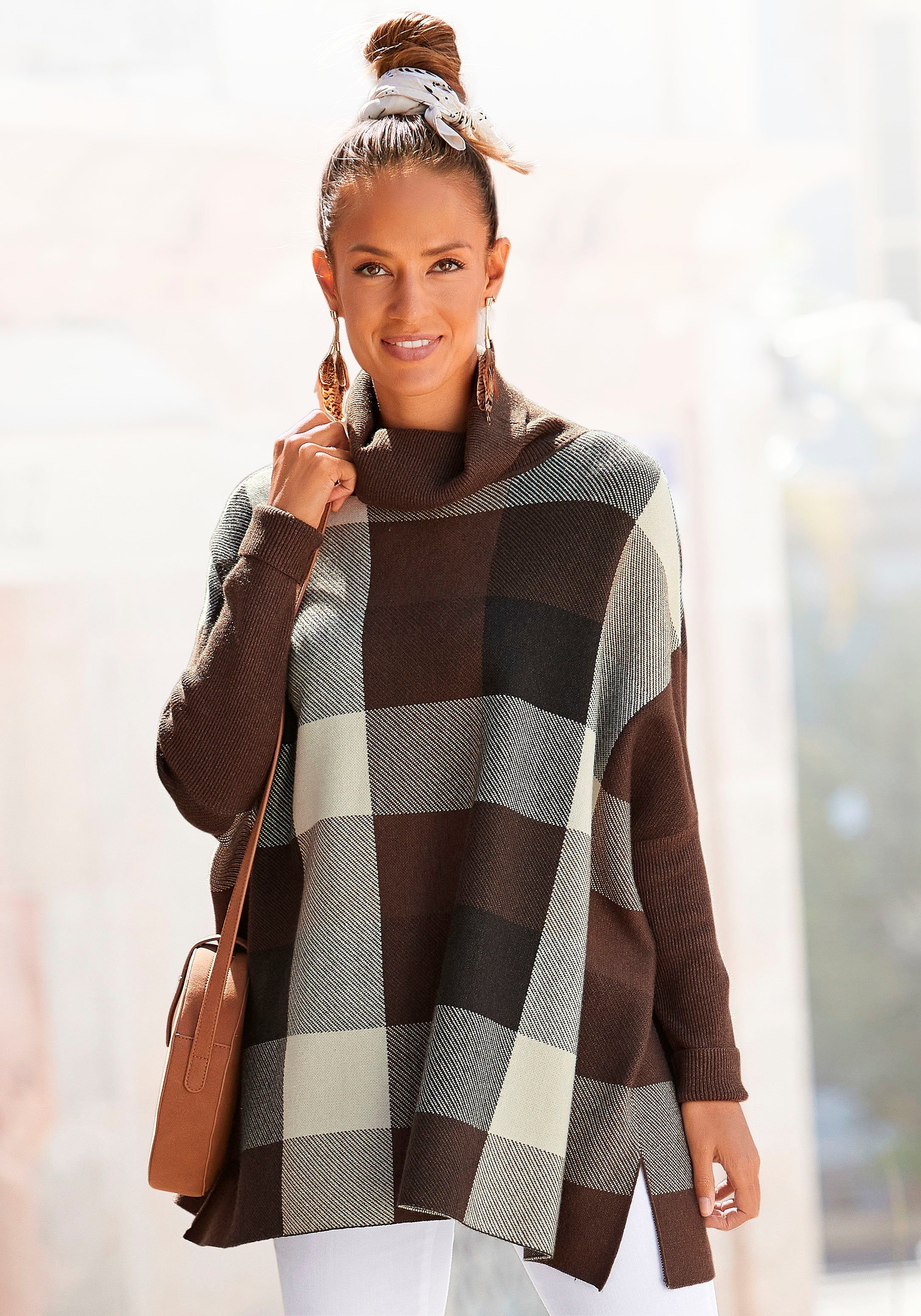 Lascana Coltrui in casual poncho-stijl, wijde gebreide trui met ruitpatroon