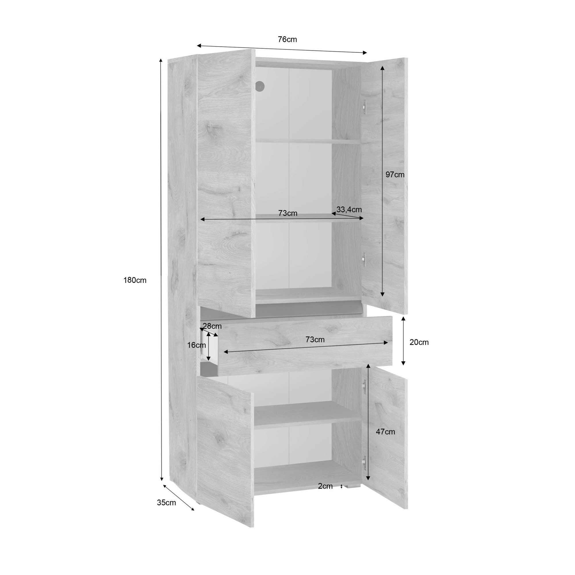 Home affaire Hoge kast Wisla met 4 deuren & 1 lade, breedte 76 cm, hoogte 180 cm