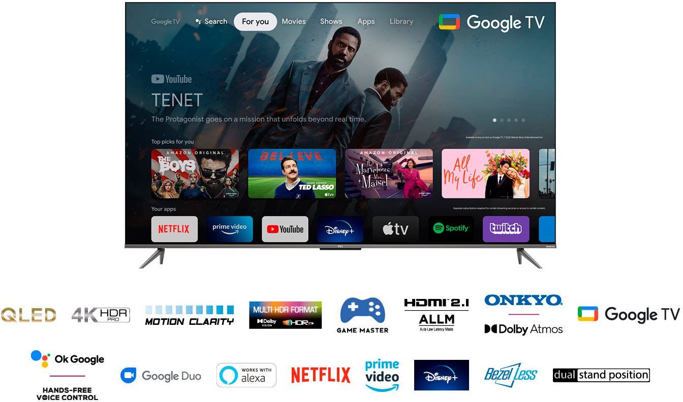 TCL QLED-TV 55C631X1, 139 cm / 55", 4K Ultra HD, Smart TV - Google TV, HDR premium, Dolby Atmos, HDMI 2.1, metalen kast, ONKYO-geluid