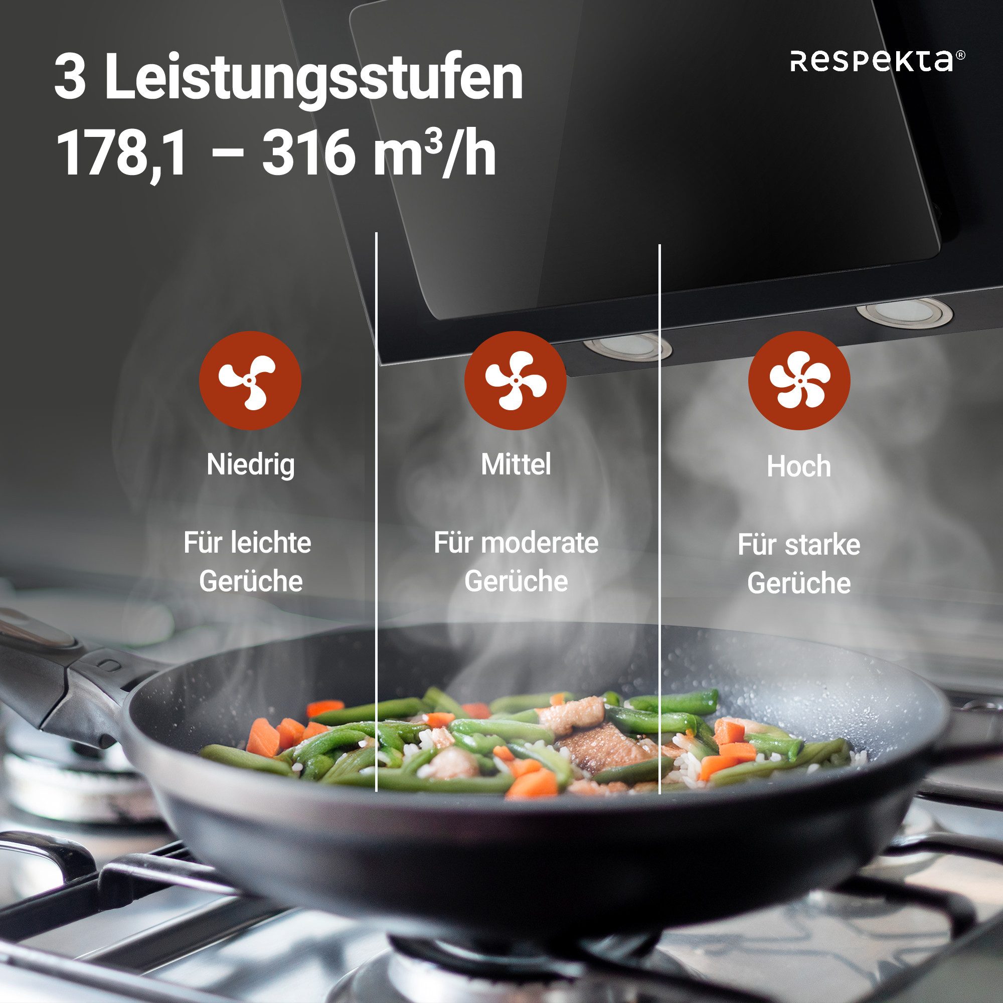 RESPEKTA Schuine wandkap CH 33060 60 cm, 3 vermogensniveaus, led-verlichting, geschikt voor afzuiging en recirculatie