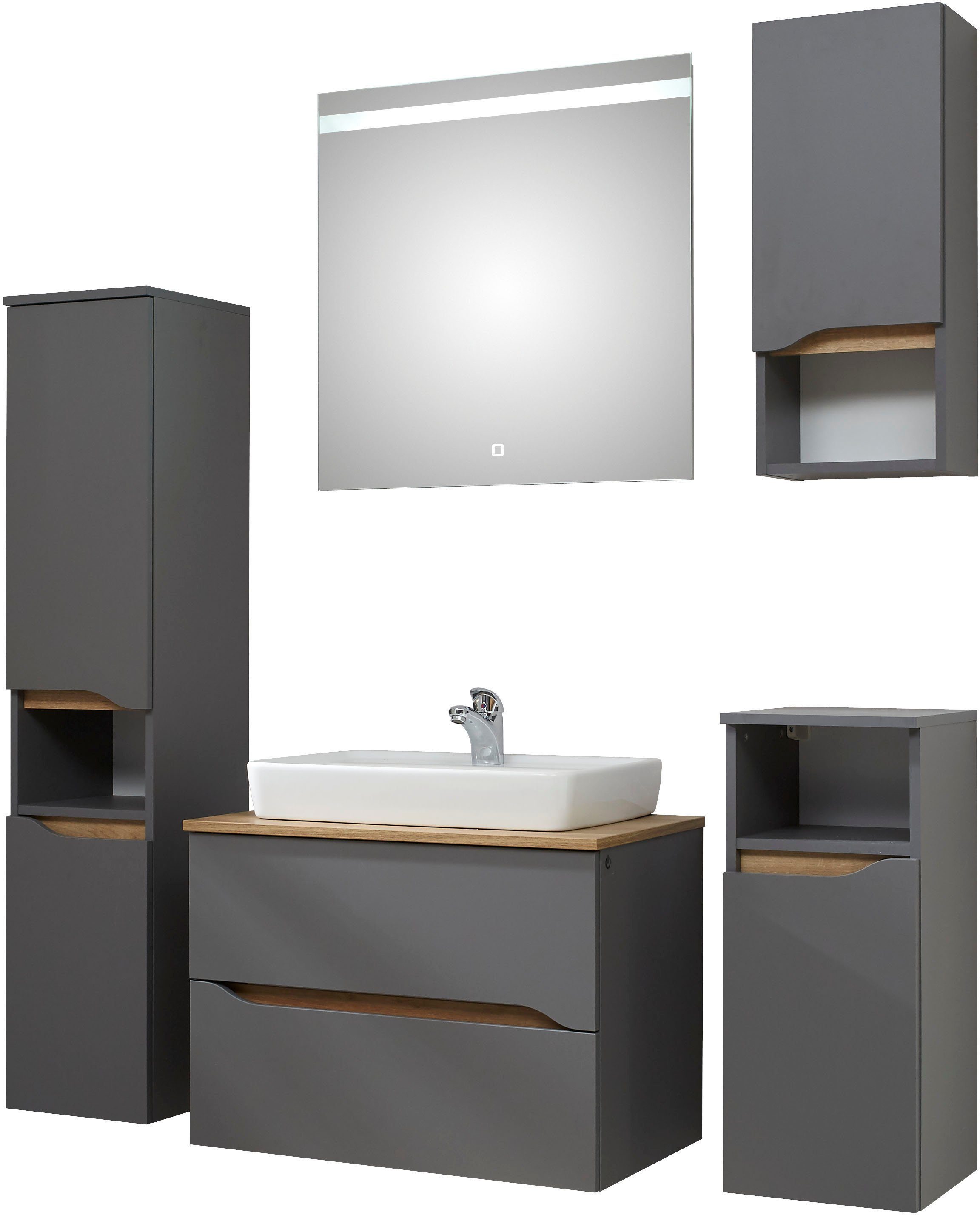 Saphir Badkamerserie Quickset 5-delig, keramieken opzetwasbak met led-spiegel Halfhoge kast, onderkast, hangend kastje, inclusief deurdemper, 6 deuren (7-delig)