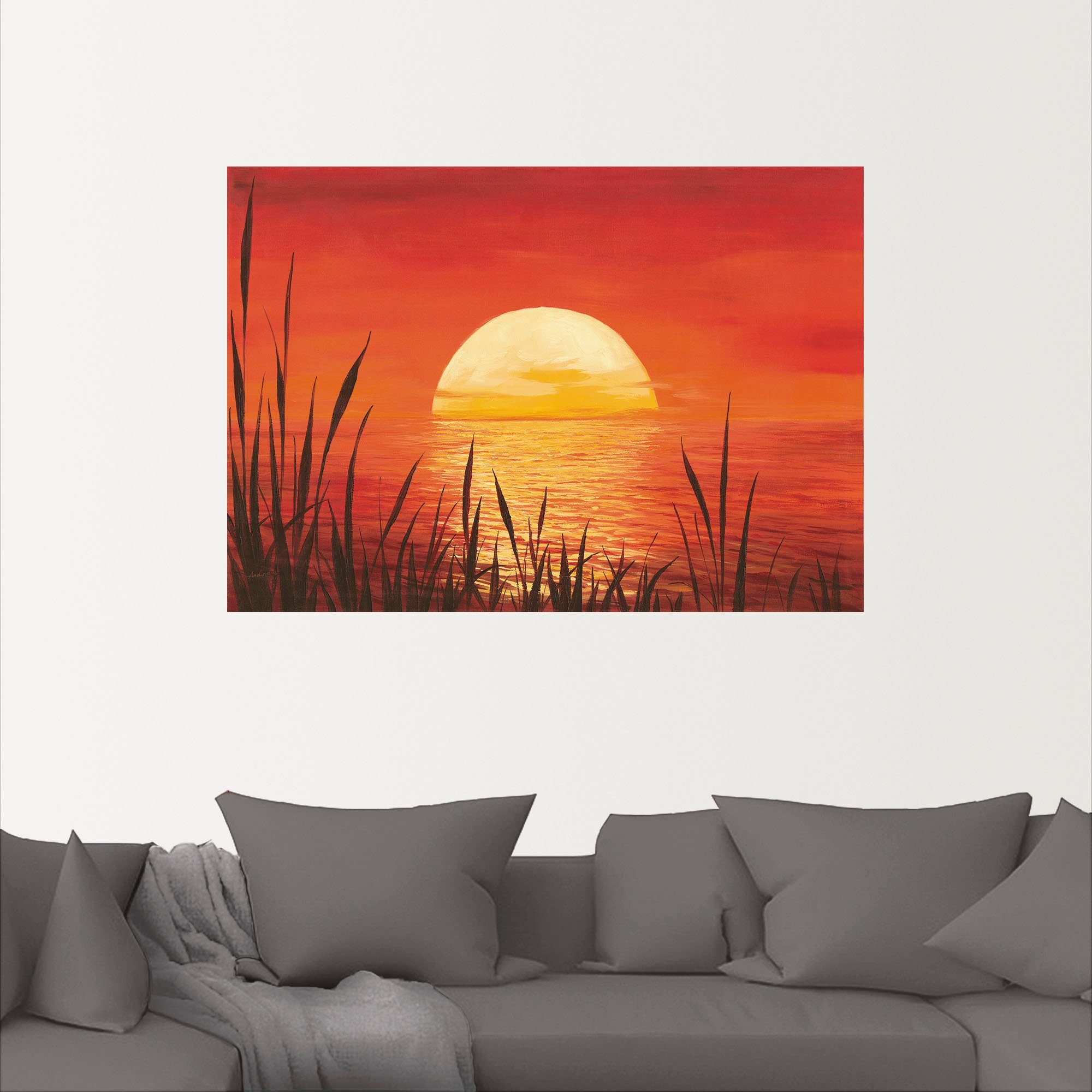 Artland Artprint Rode zonsondergang bij de oceaan als artprint van aluminium, artprint voor buiten, artprint op linnen, poster, muursticker