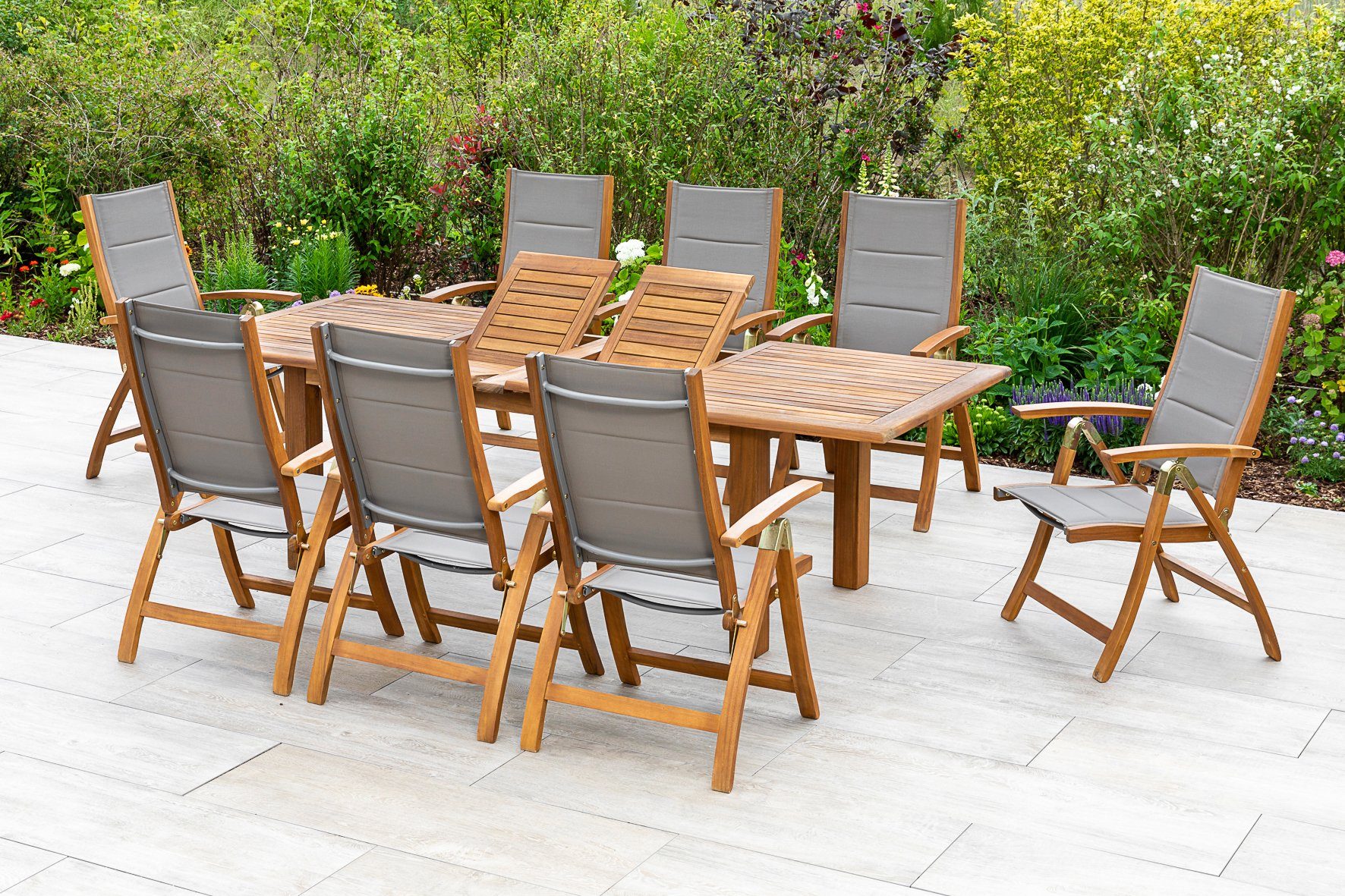 MERXX Tuin-eethoek Acapulco 8 klapstoelen, uittrekbare tafel (9-delig) tuinsets beige