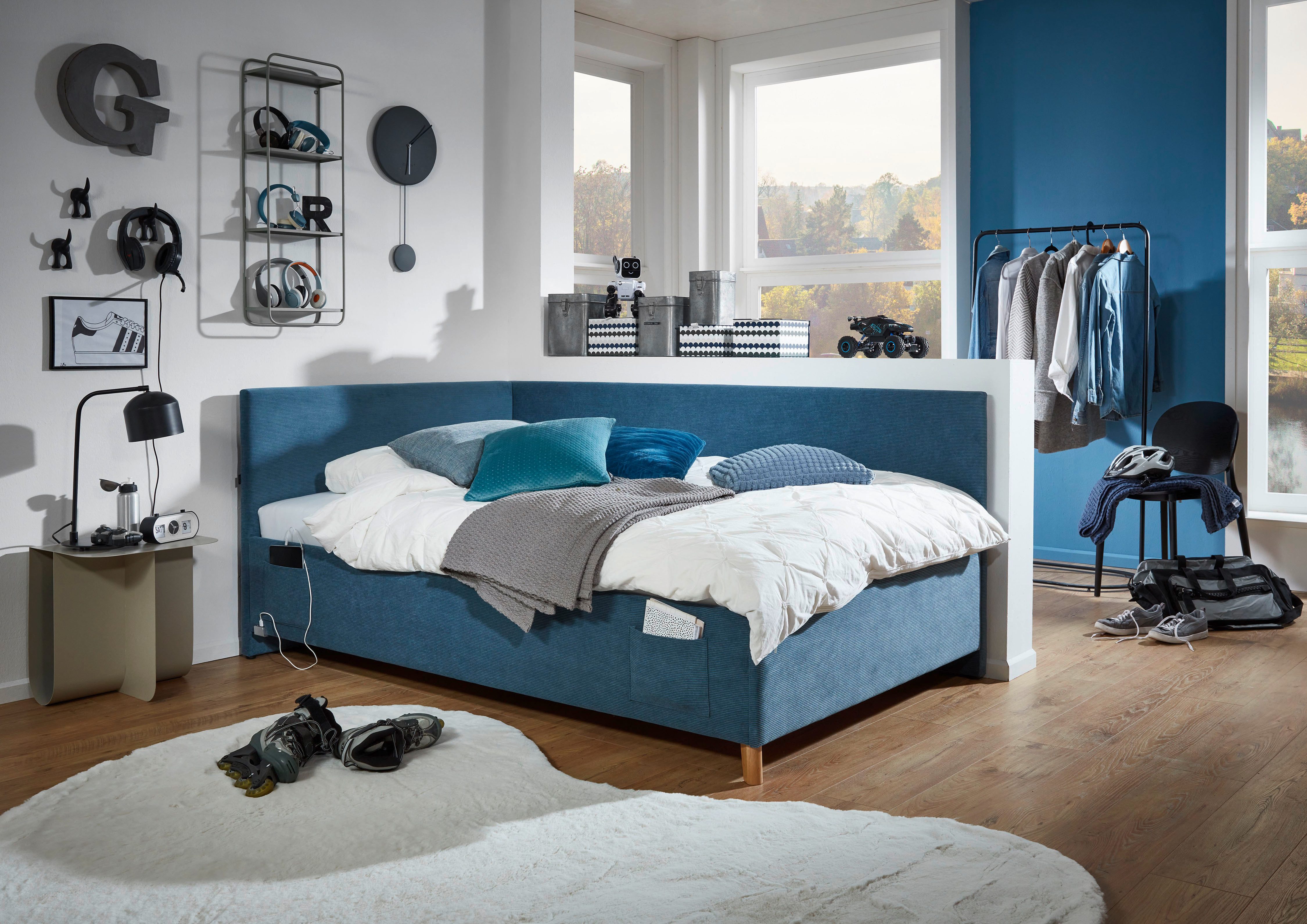 meise.möbel Kinderledikant COOL II Bekleed bed naar keuze met bedkist, tienerbed inclusief USB-aansluitingen eenpersoonsbedden blauw