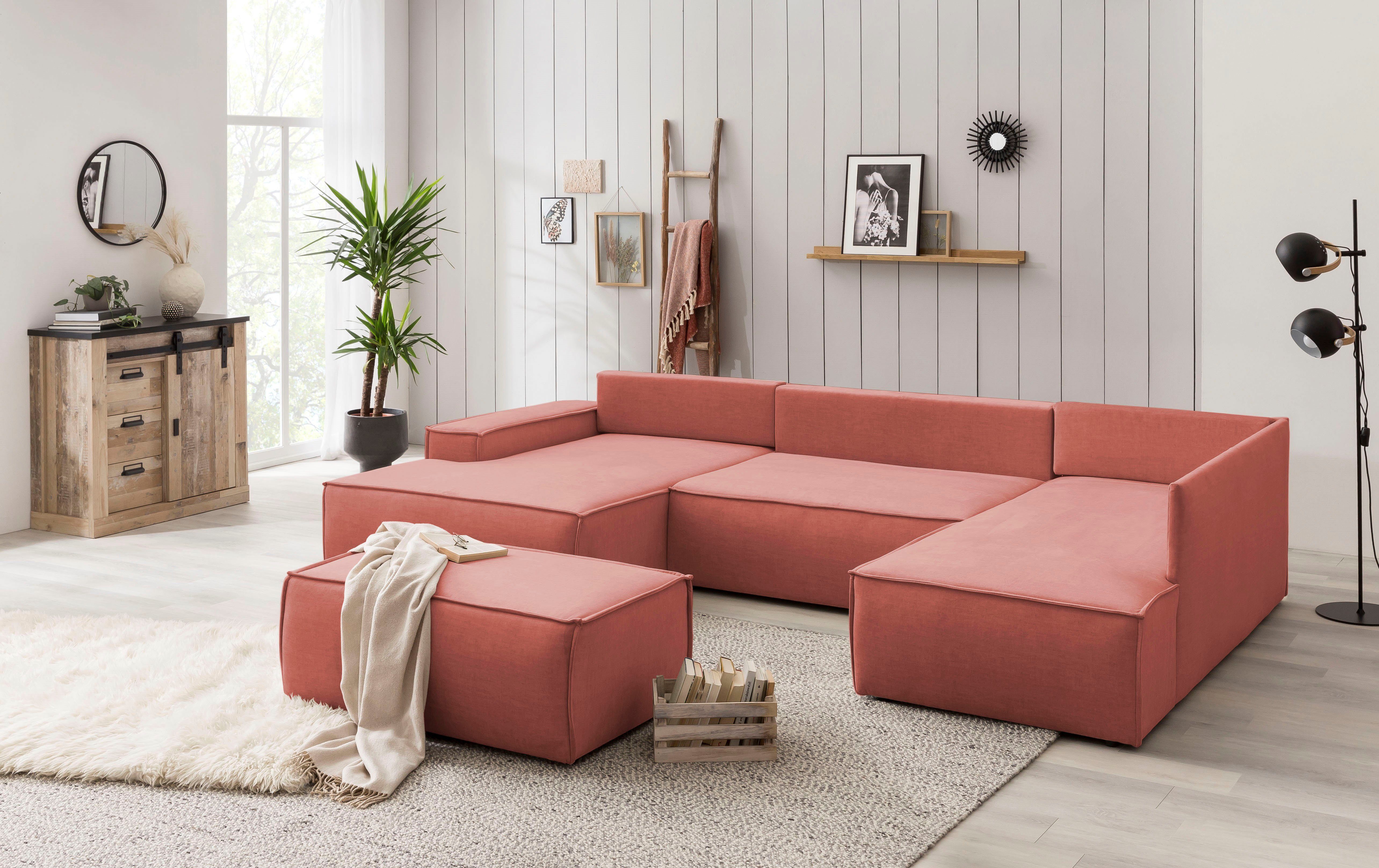 Home affaire Zithoek SHERWOOD 329 cm, U-vorm, slaapbank, Slaapfunctie met bedkist (194x139 cm), cord, vintage, fluweel